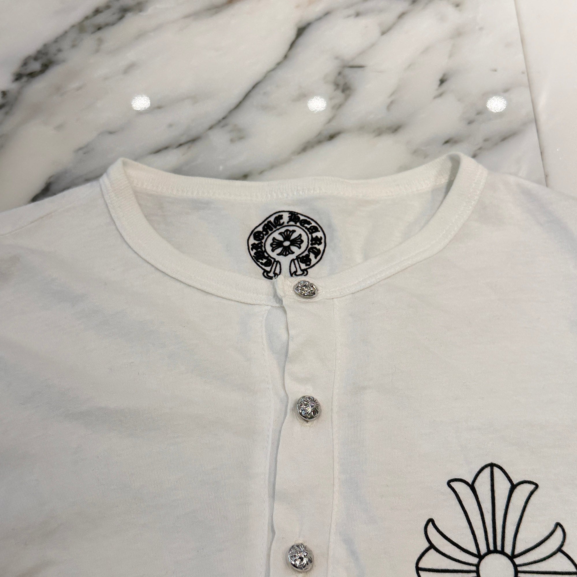 CHROME HEARTS Cross Ball Button CH Cross Print Henry Neck Long Sleeve Tee Size S クロムハーツ クロスボールボタン CHクロス プリント ヘンリーネック ロングスリーブ Tシャツ サイズS