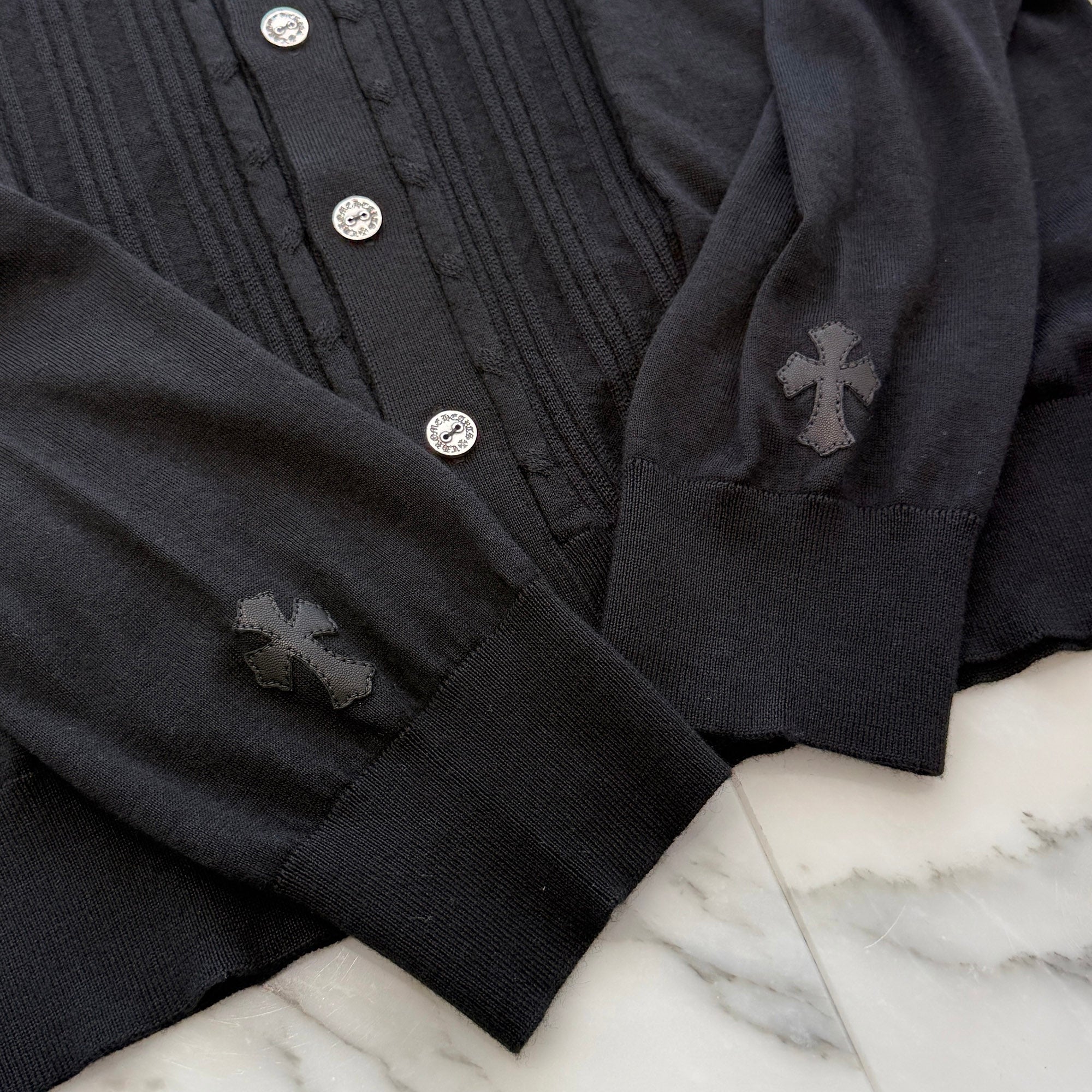 CHROME HEARTS Y NOT Cashmere Cross Leather Patch Silk Knit Cardigan Size M クロムハーツ ワイノット カシミヤ クロスレザーパッチ シルク ニットカーディガン サイズM