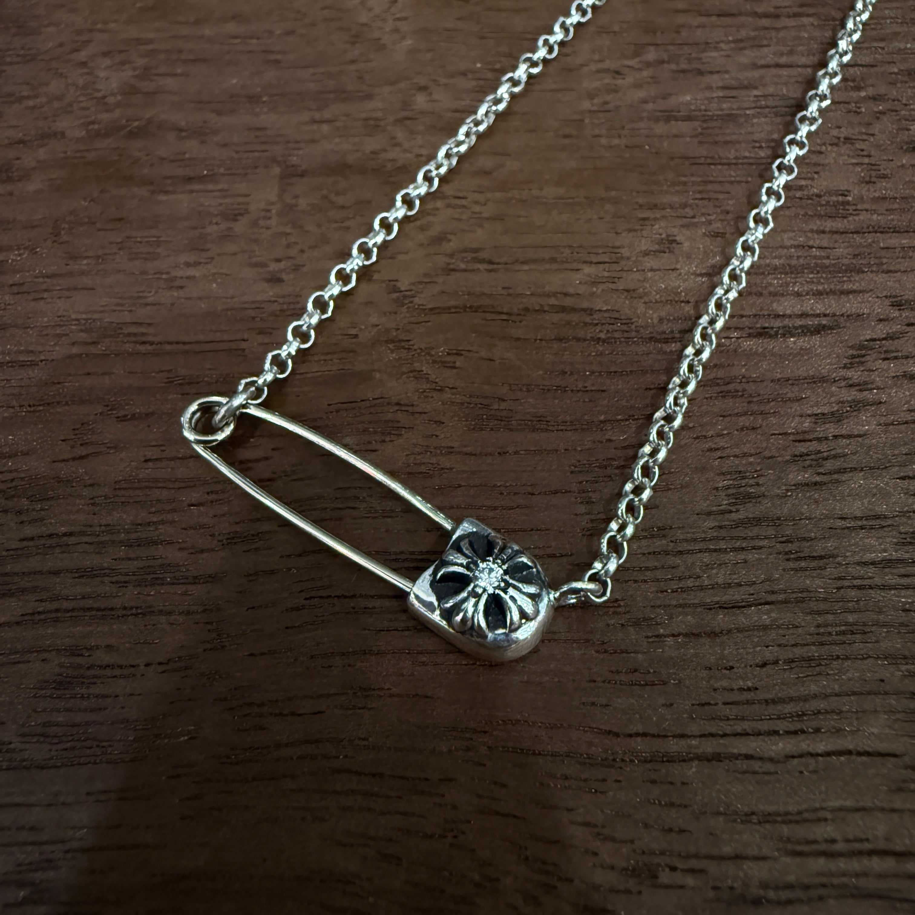 CHROME HEARTS Safety Pin Pendant Top 1 Diamond Roll Chain Necklace Size 16 Inch クロムハーツ セーフティピン 1ダイヤモンド ペンダントトップ ロールチェーン ネックレス サイズ16インチ