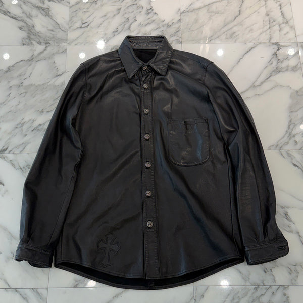 CHROME HEARTS Leather Cross Patch Cross Ball Button Leather Shirt クロムハーツ レザークロスパッチ クロスボールボタン レザーシャツ
