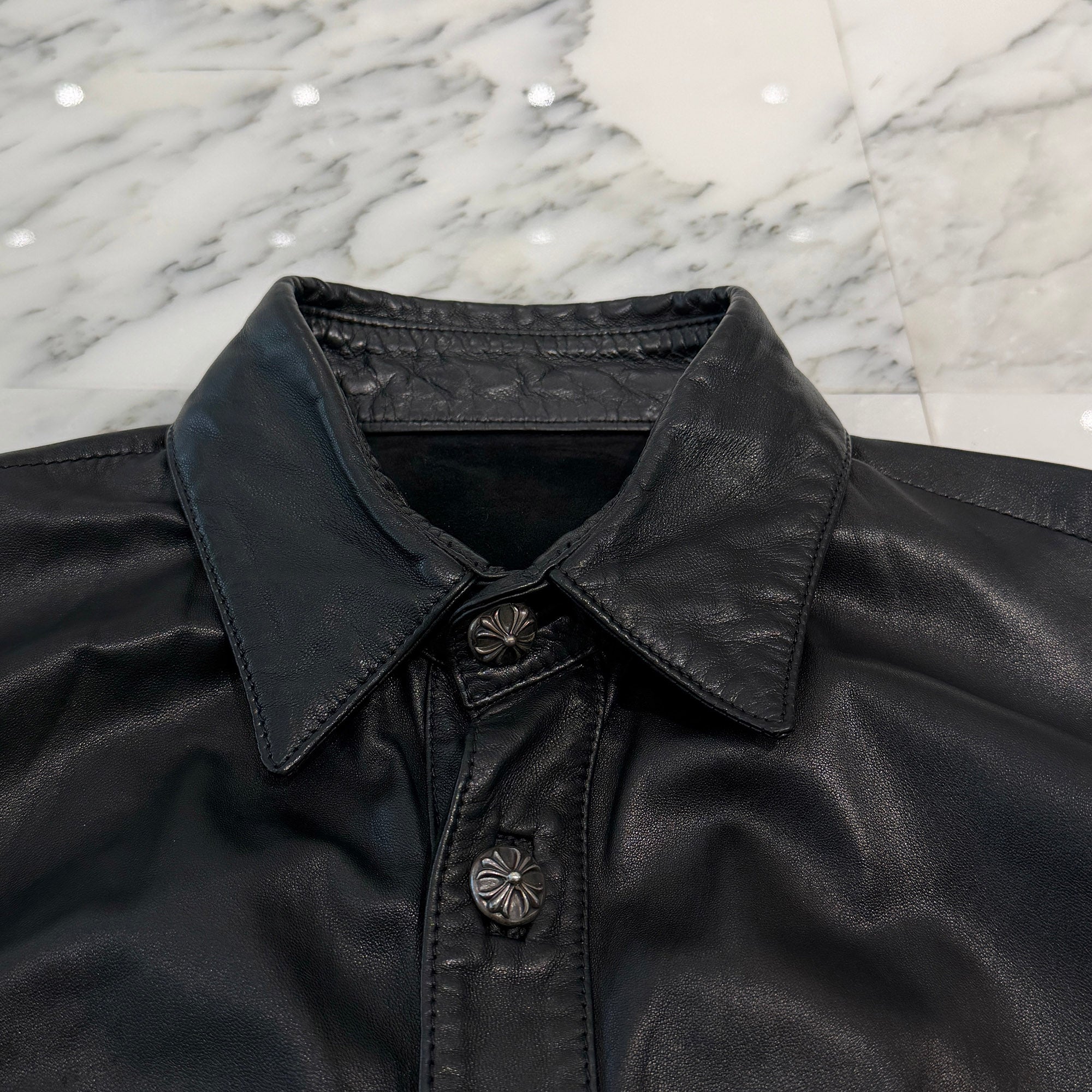 CHROME HEARTS Leather Cross Patch Cross Ball Button Leather Shirt クロムハーツ レザークロスパッチ クロスボールボタン レザーシャツ