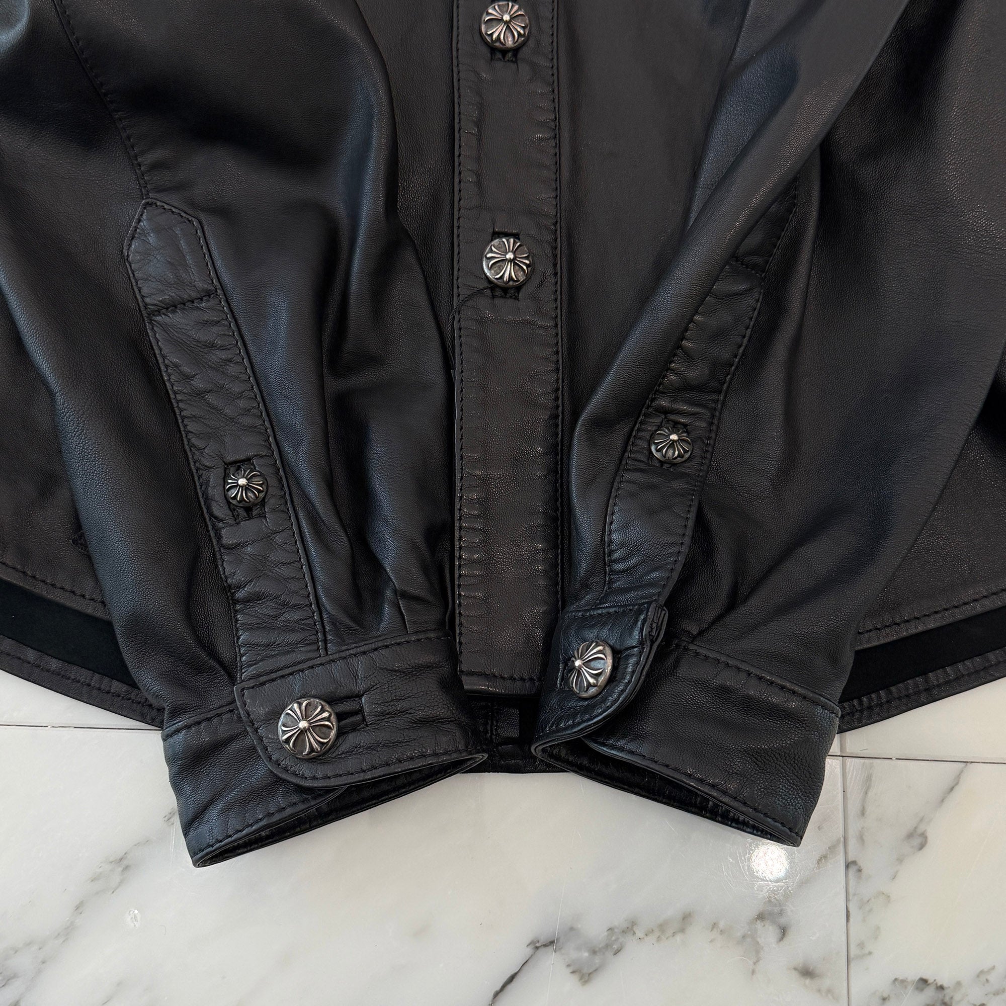 クロムハーツレザーシャツ CHROME HEARTS Leather Cross Patch Cross Ball Button Leather Shirt