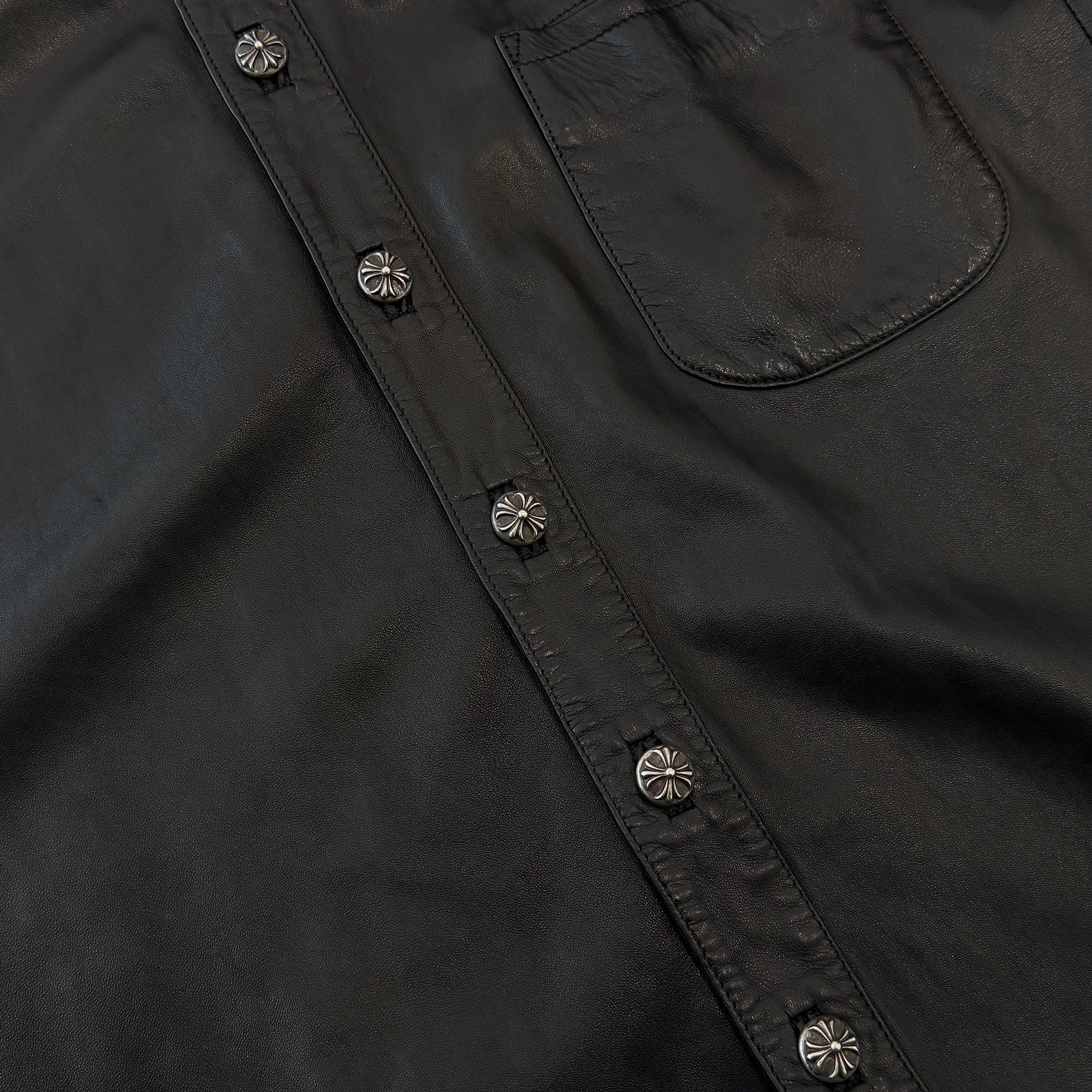 CHROME HEARTS Leather Cross Patch Cross Ball Button Leather Shirt クロムハーツ レザークロスパッチ クロスボールボタン レザーシャツ