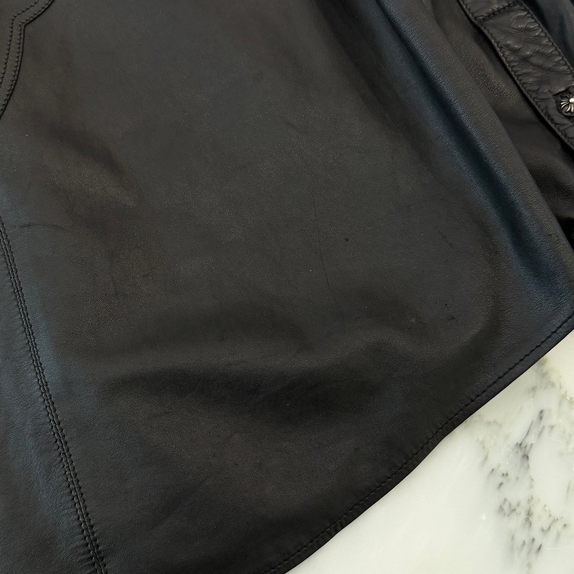CHROME HEARTS Leather Cross Patch Cross Ball Button Leather Shirt クロムハーツ レザークロスパッチ クロスボールボタン レザーシャツ