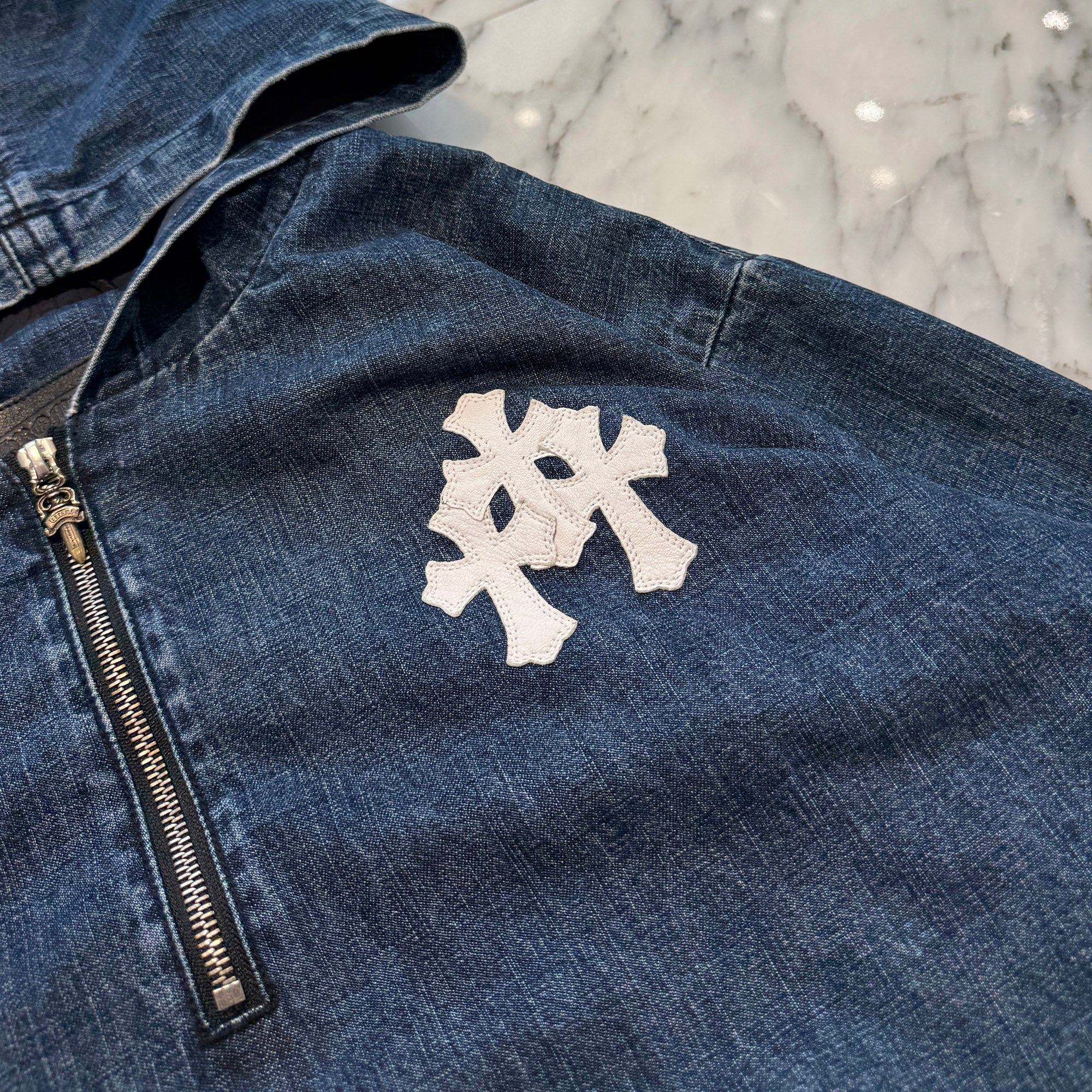 CHROME HEARTS 2024AW Leather Cemetery Triple Cross Denim Anorak Jacket Size M クロムハーツ レザーセメタリートリプルクロス デニム アノラック ジャケット サイズM