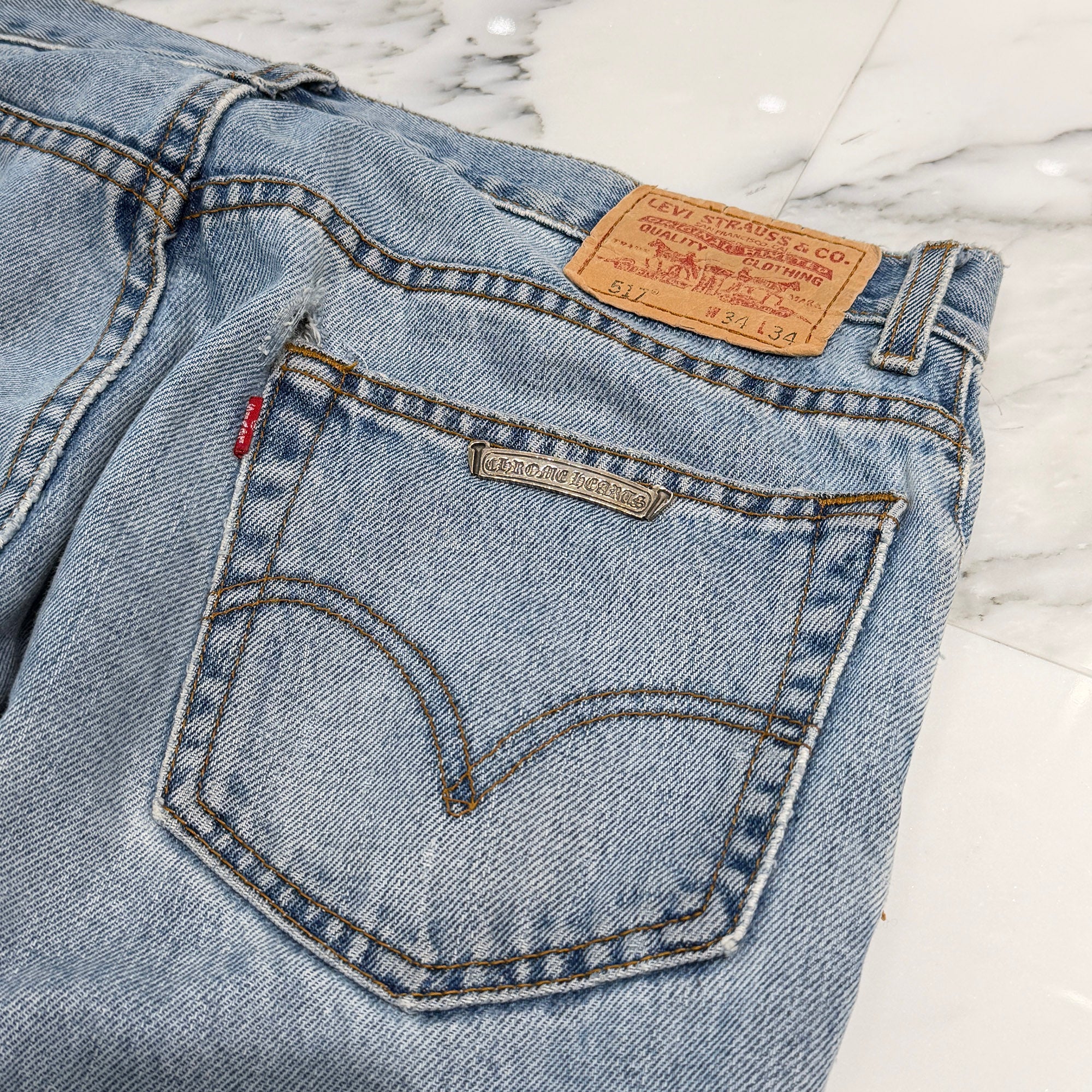 CHROME HEARTS × Levi's 517 VNTG Cross Leather Patch Denim Pants Size 34 クロムハーツ × リーバイス 517 ヴィンテージ クロスレザーパッチ デニムパンツ サイズ34