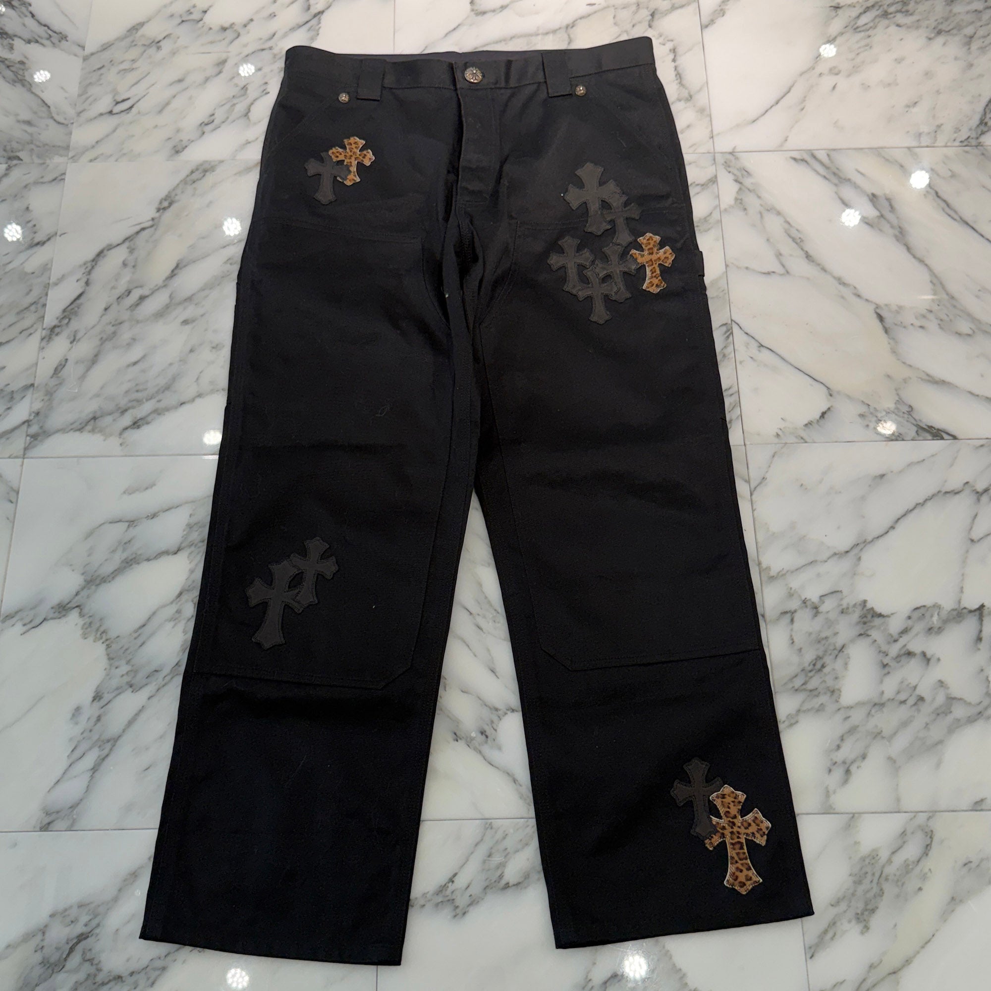 CHROME HEARTS Multi Leather Patch Carpenter Cross Ball Button Pants Size 36 クロムハーツ マルチレザーパッチ カーペンター クロスボールボタン パンツ サイズ36