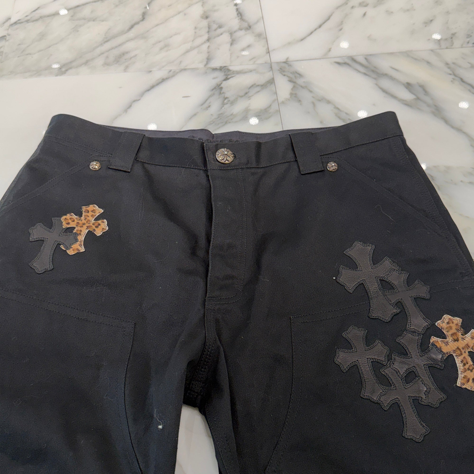CHROME HEARTS Multi Leather Patch Carpenter Cross Ball Button Pants Size 36 クロムハーツ マルチレザーパッチ カーペンター クロスボールボタン パンツ サイズ36