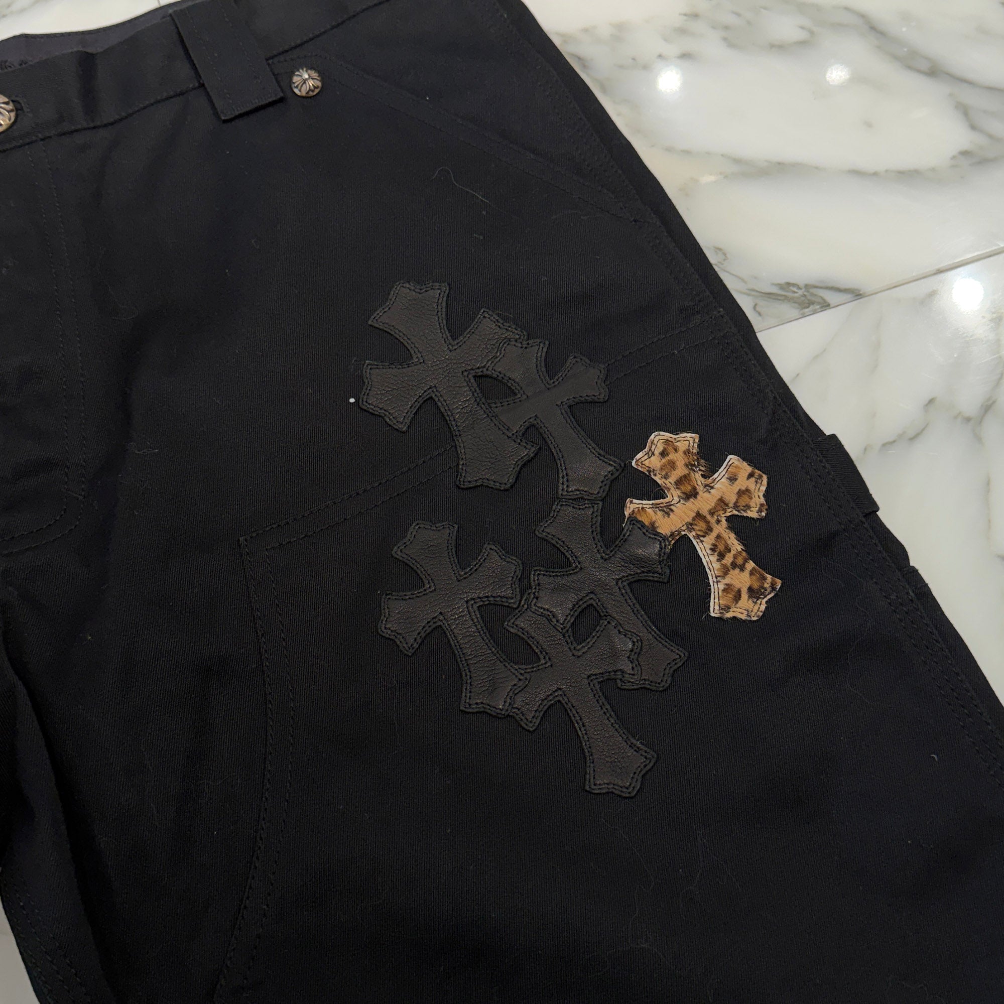 CHROME HEARTS Multi Leather Patch Carpenter Cross Ball Button Pants Size 36 クロムハーツ マルチレザーパッチ カーペンター クロスボールボタン パンツ サイズ36