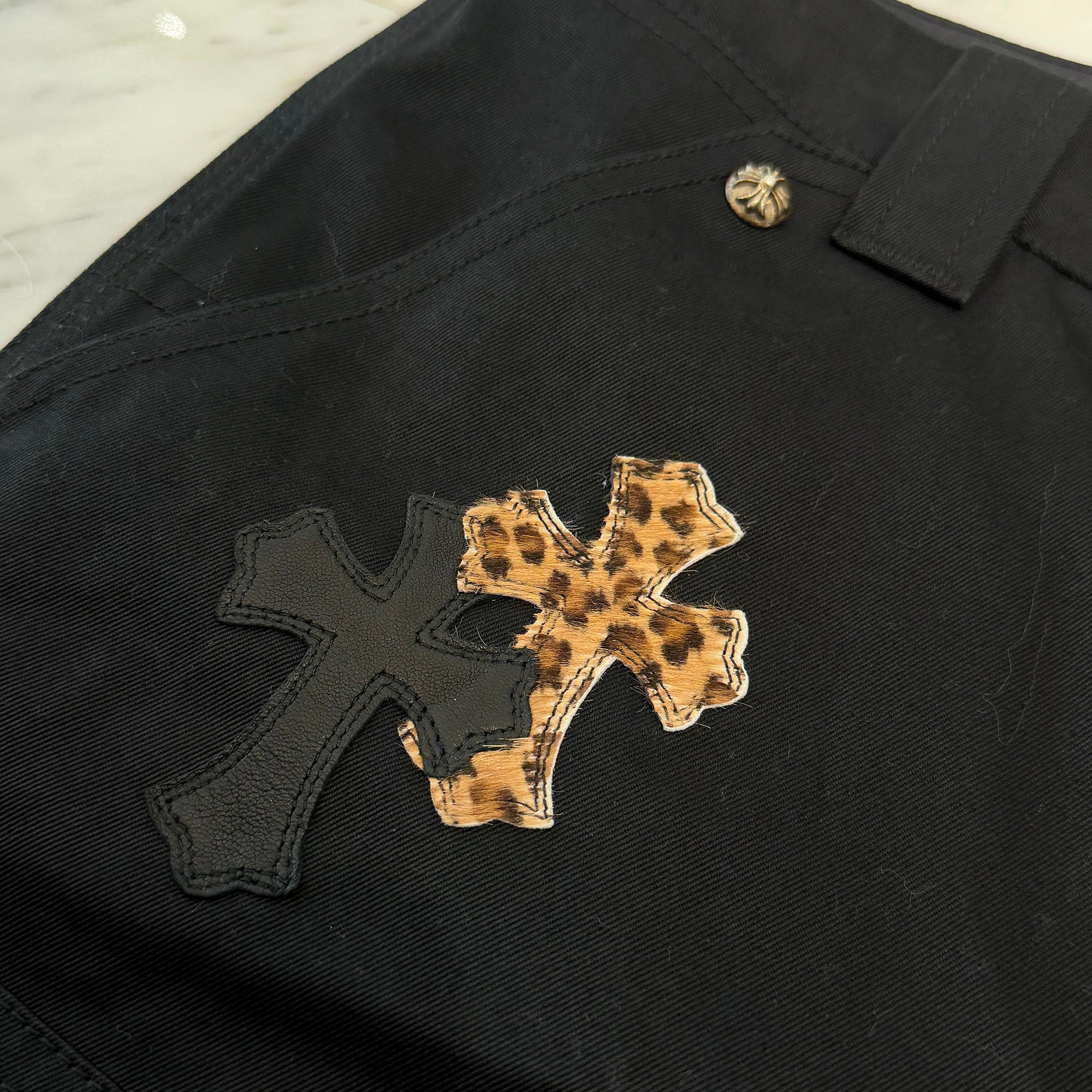 CHROME HEARTS Multi Leather Patch Carpenter Cross Ball Button Pants Size 36 クロムハーツ マルチレザーパッチ カーペンター クロスボールボタン パンツ サイズ36