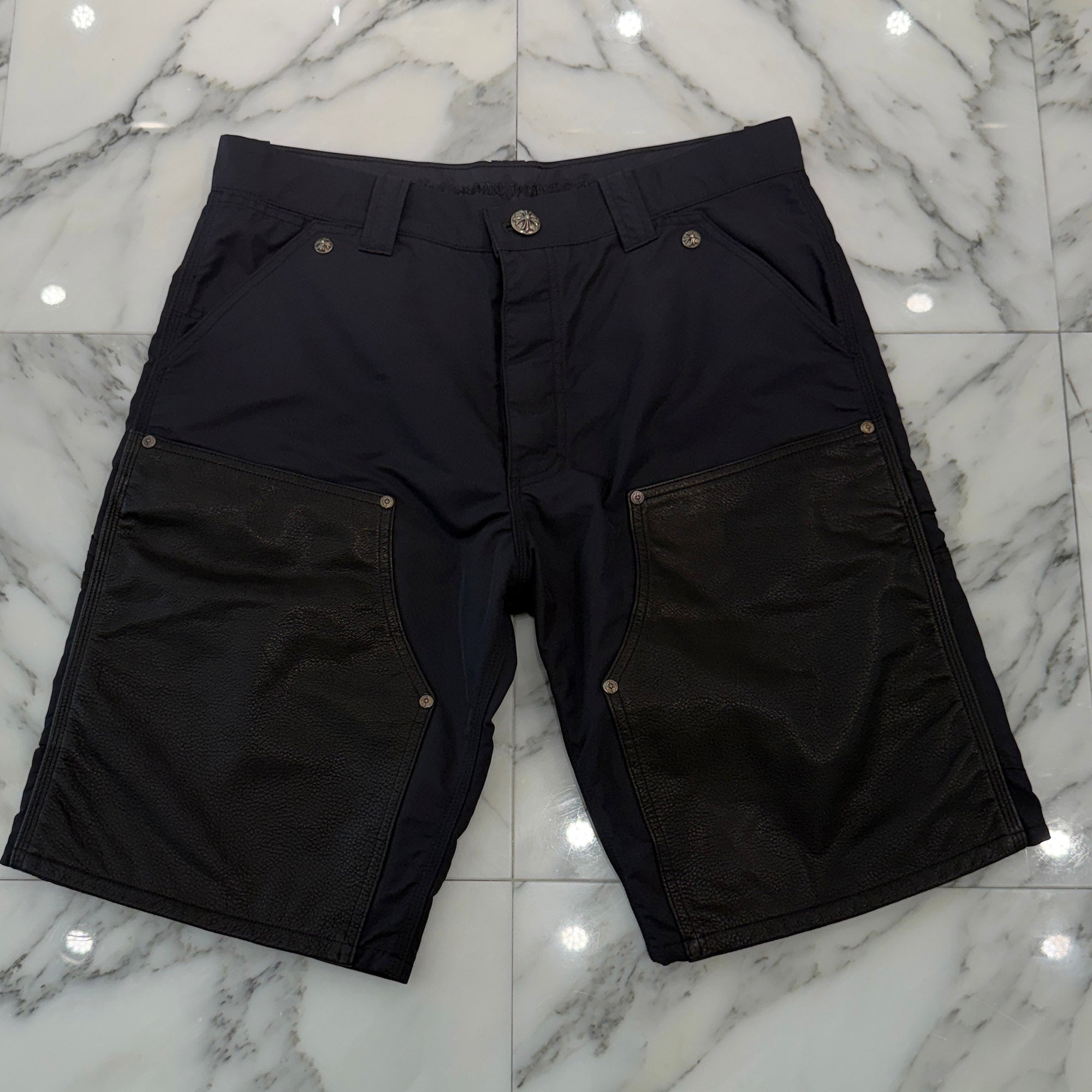 CHROME HEARTS Carpenter Double Knee Leather Cross Patch Nylon Shorts Size 34 クロムハーツ カーペンター ダブルニー レザークロスパッチ ナイロン ショーツ サイズ34