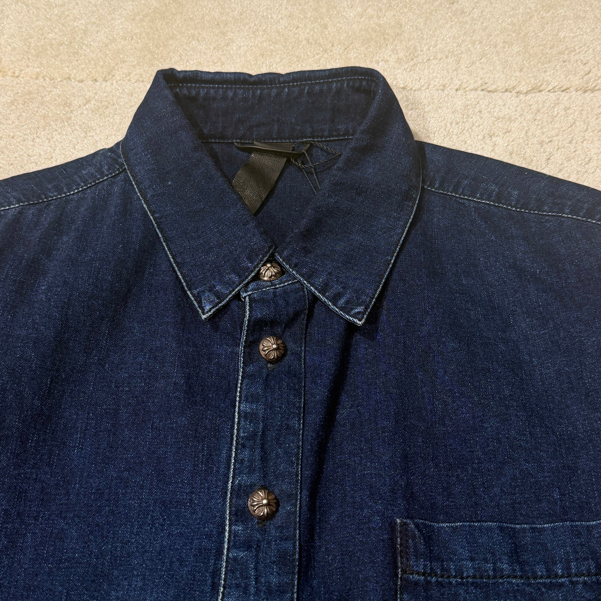 CHROME HEARTS Y NOT Leather Cross Patch Denim Shirts Size XL クロムハーツ ワイノット レザークロスパッチ デニムシャツ サイズXL