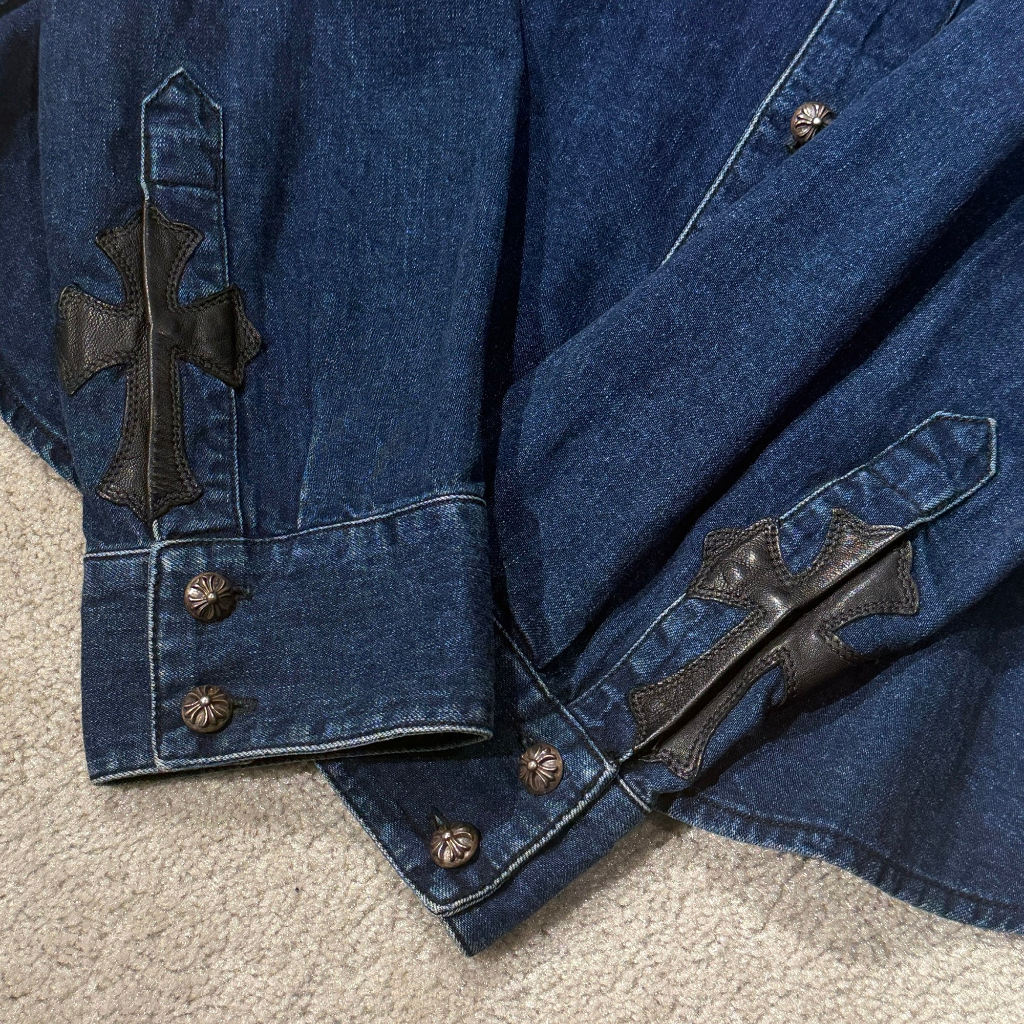 CHROME HEARTS Y NOT Leather Cross Patch Denim Shirts Size XL クロムハーツ ワイノット レザークロスパッチ デニムシャツ サイズXL