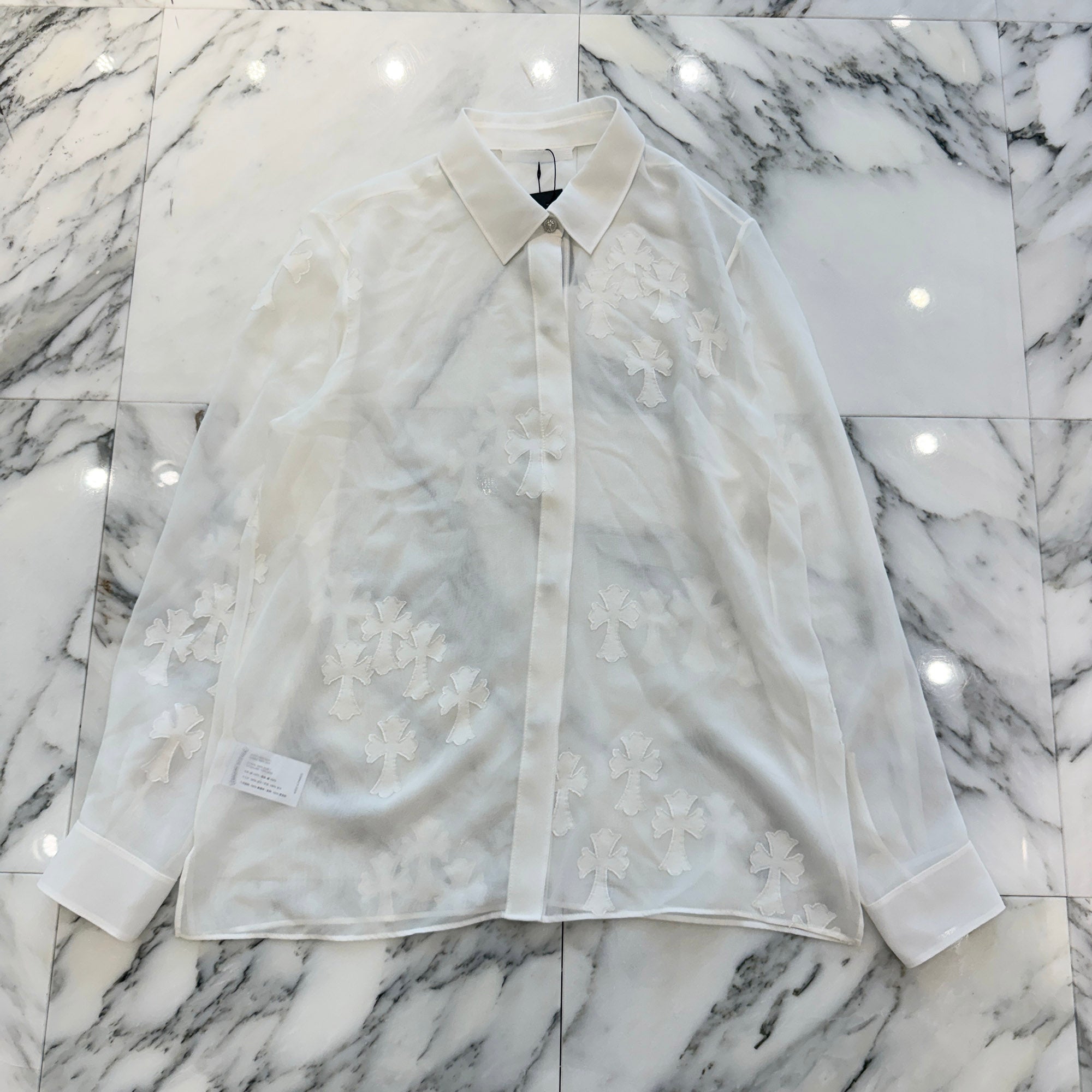 CHROME HEARTS SOFT FOCUS Cemetery Cross Silk Patch Sheer Shirt Size M クロムハーツ ソフトフォーカス セメタリークロス シルクパッチ シアーシャツ サイズM