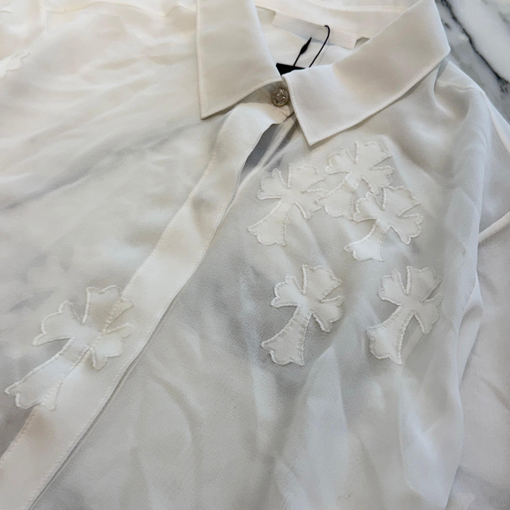CHROME HEARTS SOFT FOCUS Cemetery Cross Silk Patch Sheer Shirt Size M クロムハーツ ソフトフォーカス セメタリークロス シルクパッチ シアーシャツ サイズM