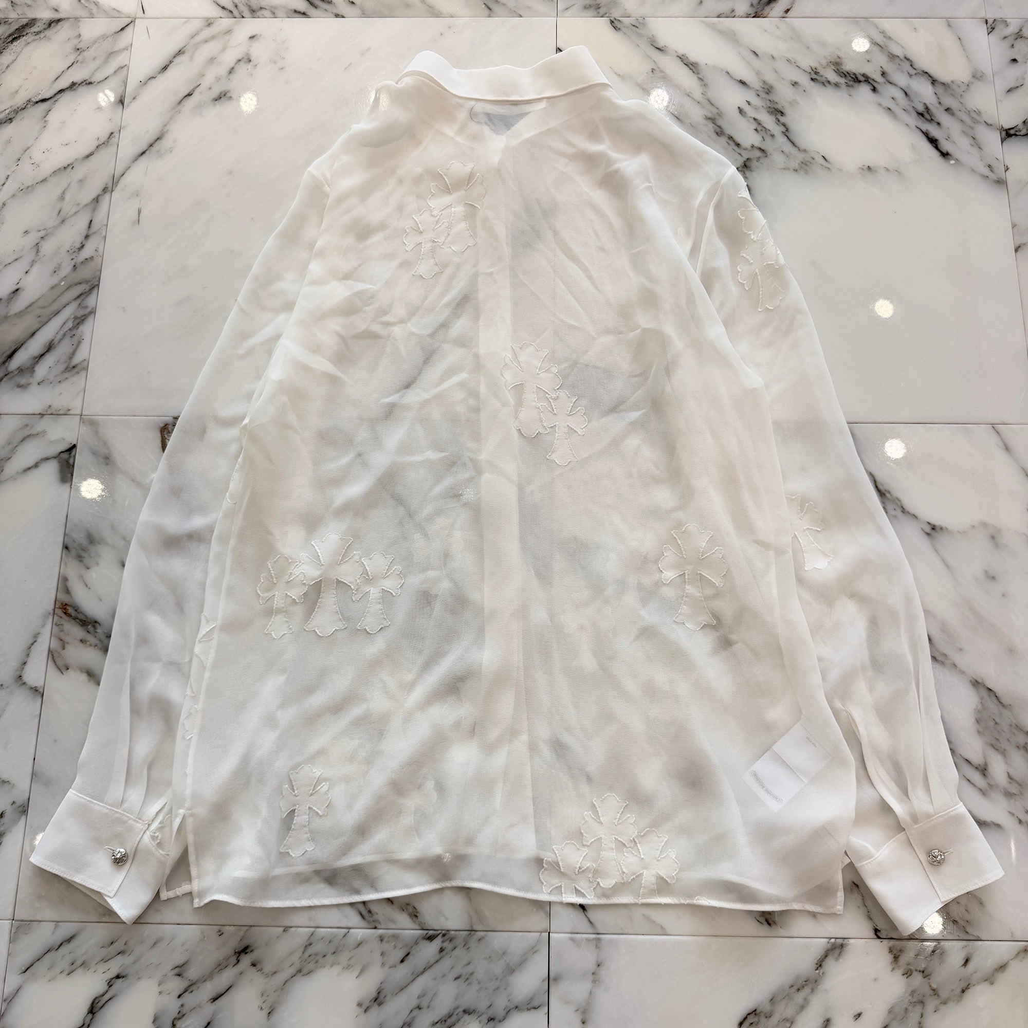 CHROME HEARTS SOFT FOCUS Cemetery Cross Silk Patch Sheer Shirt Size M クロムハーツ ソフトフォーカス セメタリークロス シルクパッチ シアーシャツ サイズM