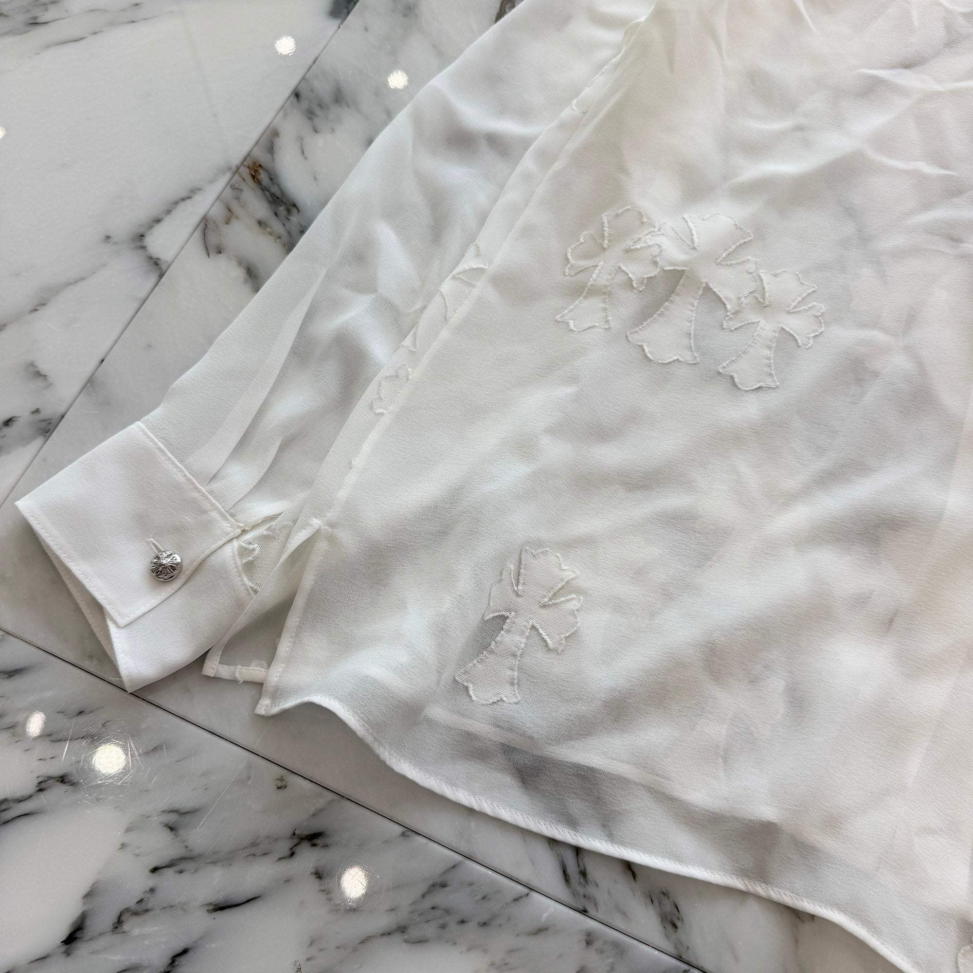 CHROME HEARTS SOFT FOCUS Cemetery Cross Silk Patch Sheer Shirt Size M クロムハーツ ソフトフォーカス セメタリークロス シルクパッチ シアーシャツ サイズM