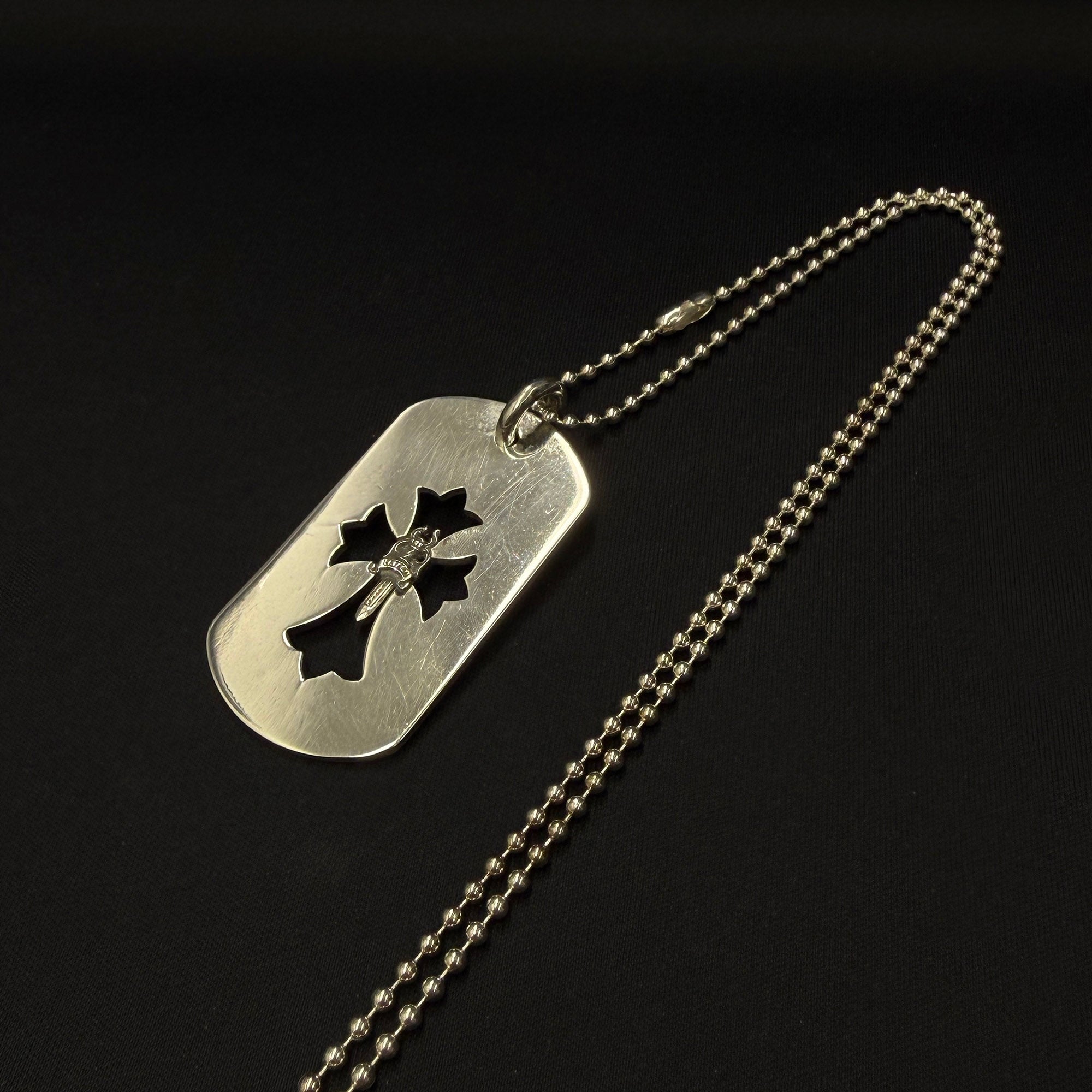 CHROME HEARTS Cut Out Cross Dagger Dock Tag Large Pendant Necklace & Ball Chain クロムハーツ カットアウトクロス ダガー ドッグタグ ラージ ペンダント & ボールチェーン