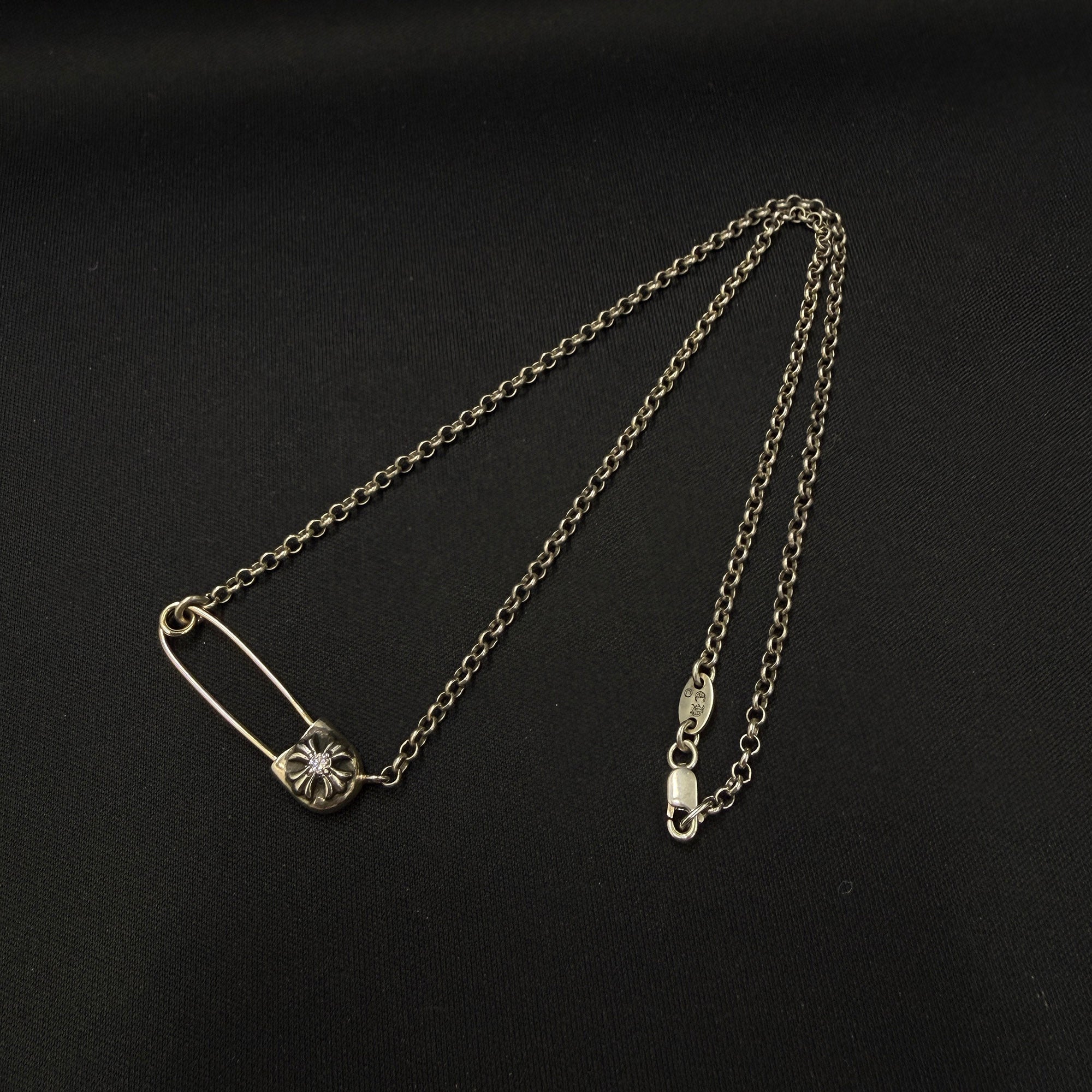 CHROME HEARTS Safety Pin Pendant Top 1 Diamond Roll Chain Necklace Size 16 Inch クロムハーツ セーフティピン 1ダイヤモンド ペンダントトップ ロールチェーン ネックレス サイズ16インチ