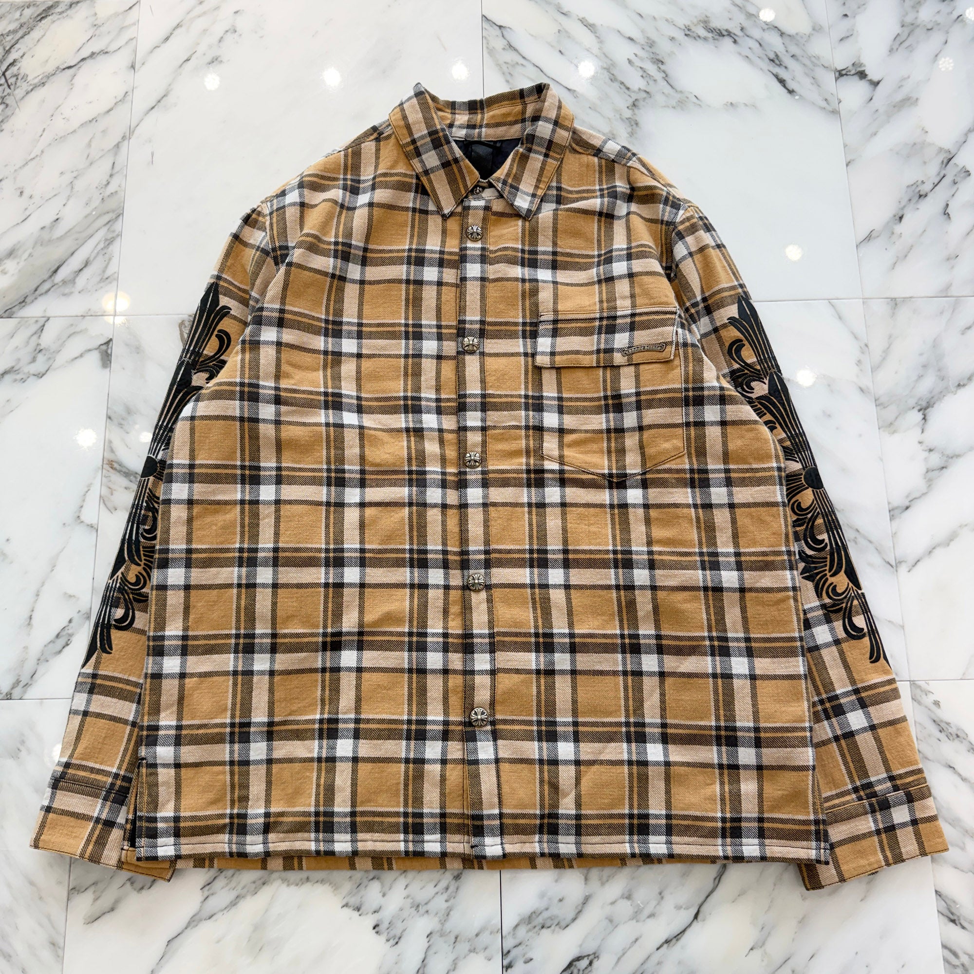 CHROME HEARTS Y NOT WORK DOG Floral Cross Print Flannel Check Jacket Size XL クロムハーツ ワイノット ワークドッグ フローラルクロスプリント フランネル チェック ジャケット サイズXL