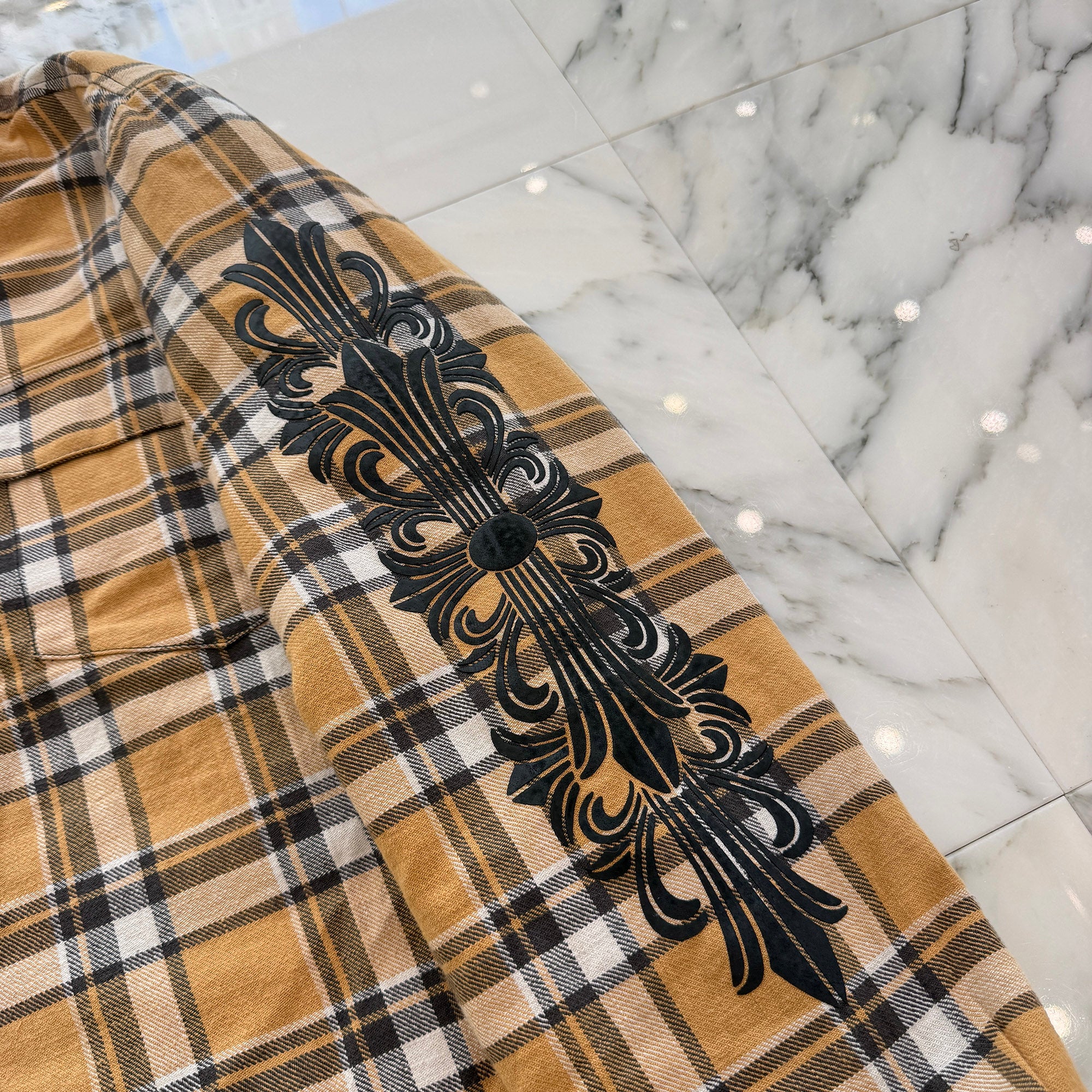 CHROME HEARTS Y NOT WORK DOG Floral Cross Print Flannel Check Jacket Size XL クロムハーツ ワイノット ワークドッグ フローラルクロスプリント フランネル チェック ジャケット サイズXL