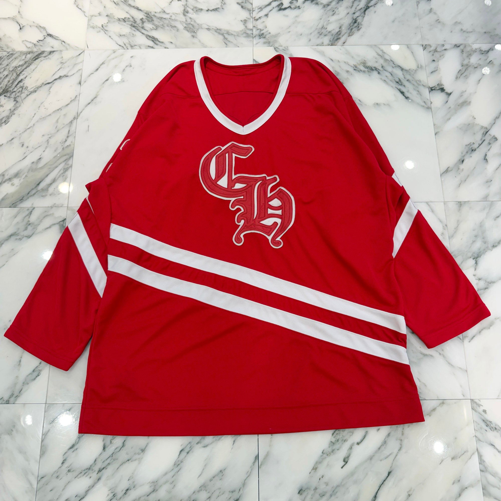 CHROME HEARTS × MATTY BOY Leather Chomper Patch Hockey Jersey Long Sleeve Tee Size L クロムハーツ×マティボーイ レザーチョンパーパッチ ホッケージャージー ロングスリーブTシャツ サイズL