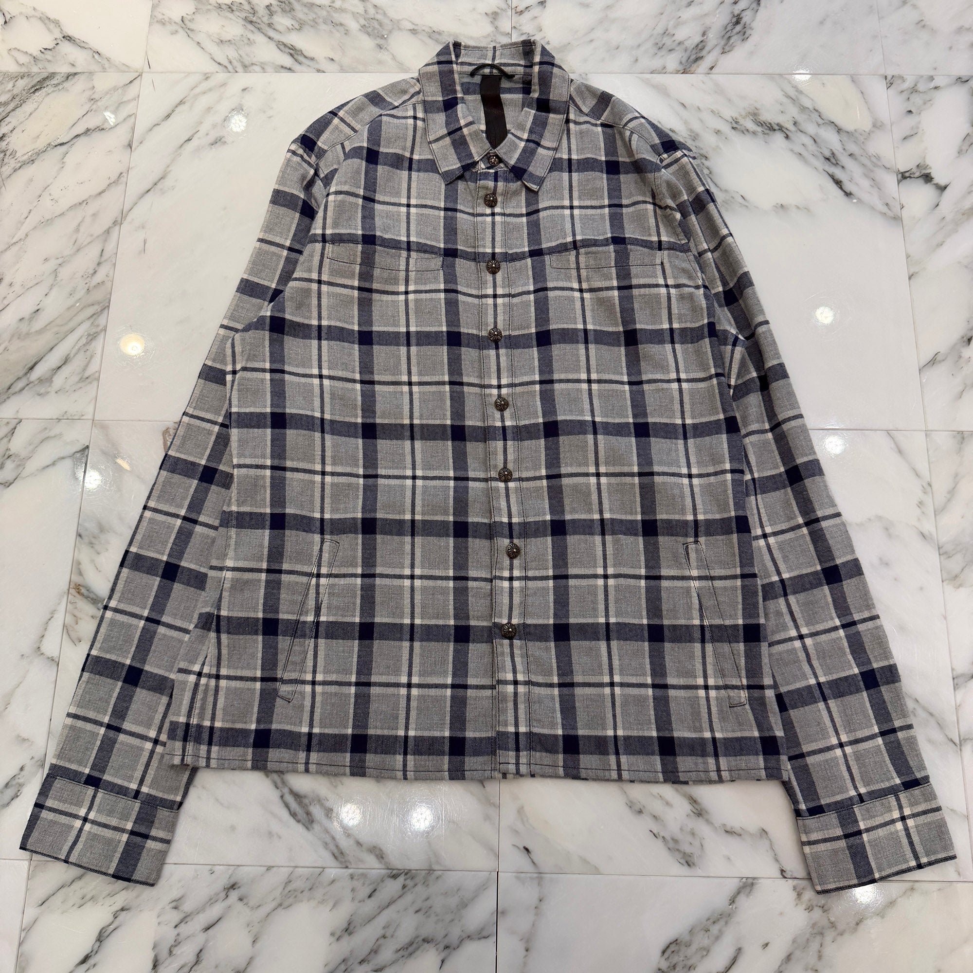 CHROME HEARTS Y NOT Leather Cross Patch Flannel Check Shirt Size L クロムハーツ ワイノット レザークロスパッチ フランネルチェックシャツ サイズL