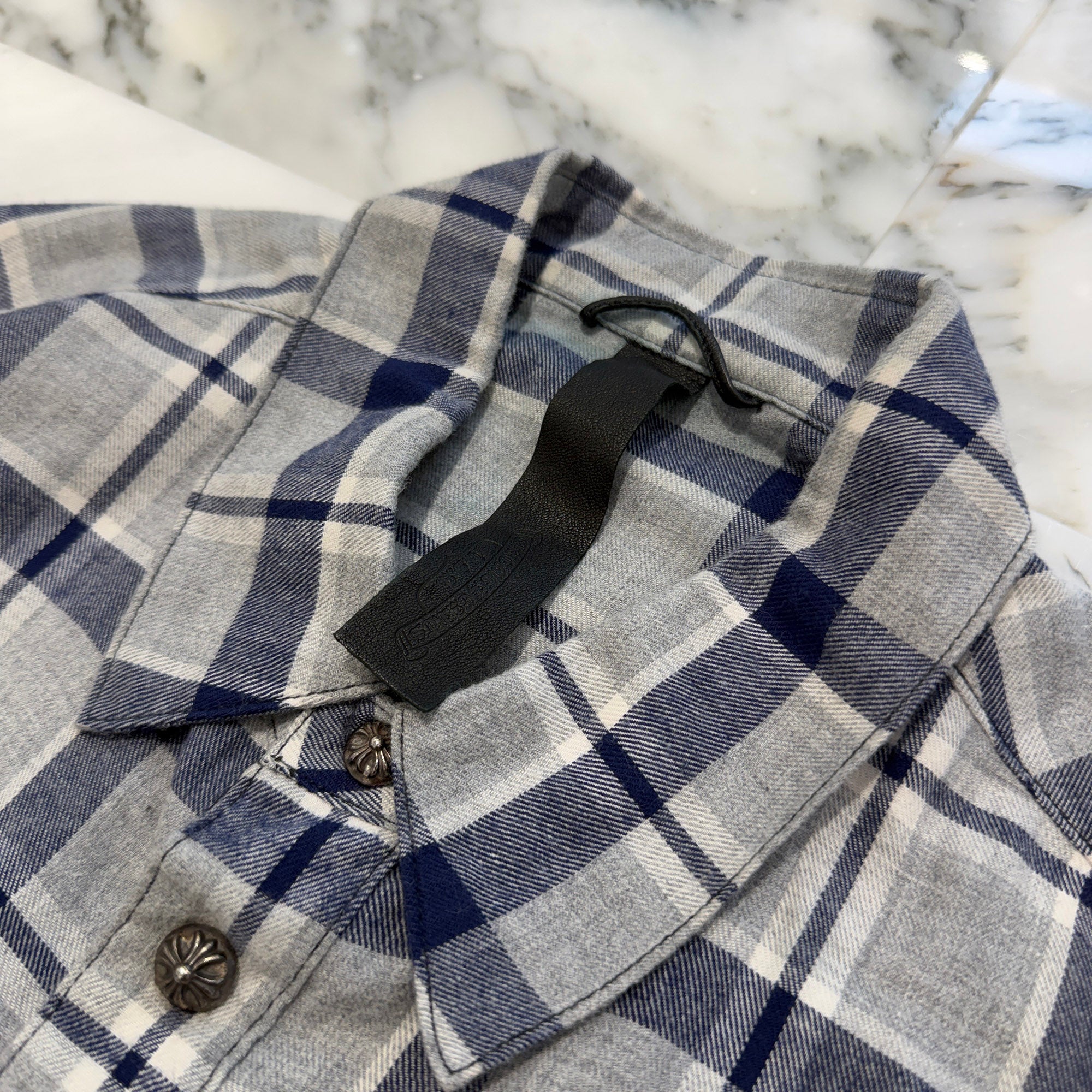 CHROME HEARTS Y NOT Leather Cross Patch Flannel Check Shirt Size L クロムハーツ ワイノット レザークロスパッチ フランネルチェックシャツ サイズL