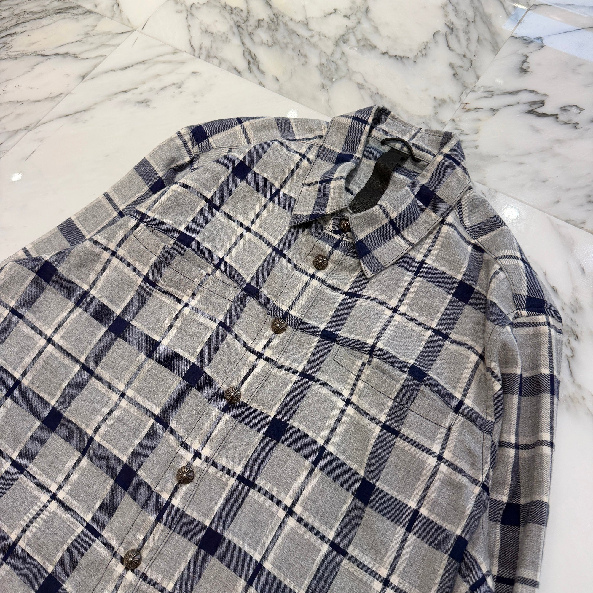 CHROME HEARTS Y NOT Leather Cross Patch Flannel Check Shirt Size L クロムハーツ ワイノット レザークロスパッチ フランネルチェックシャツ サイズL