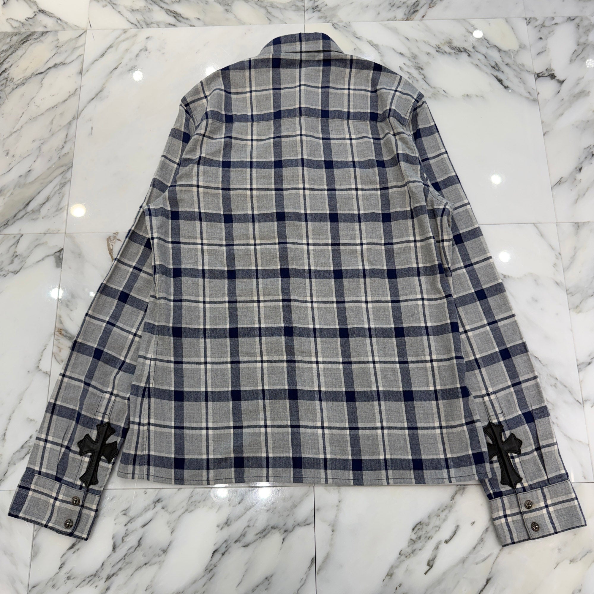 CHROME HEARTS Y NOT Leather Cross Patch Flannel Check Shirt Size L クロムハーツ ワイノット レザークロスパッチ フランネルチェックシャツ サイズL