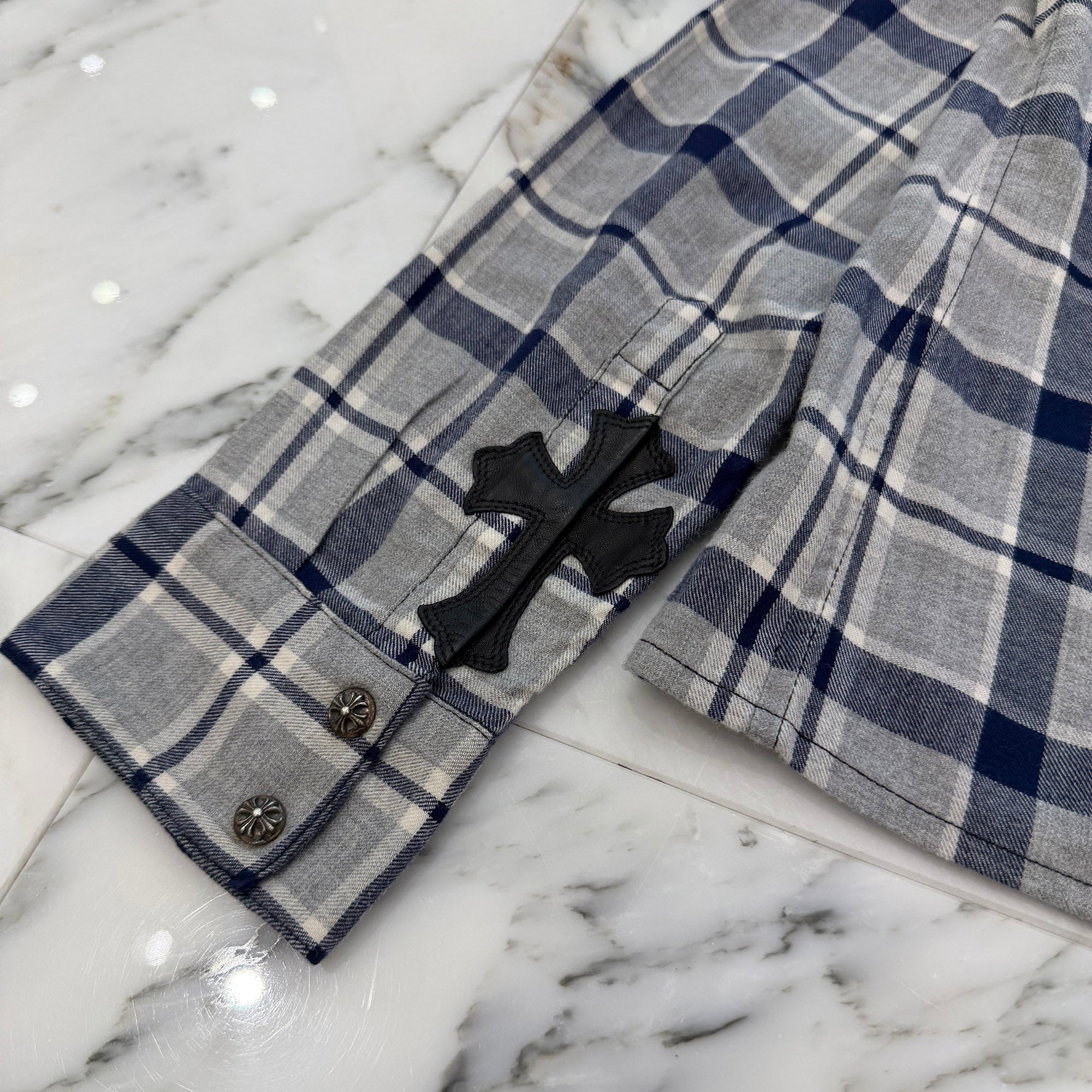 CHROME HEARTS Y NOT Leather Cross Patch Flannel Check Shirt Size L クロムハーツ ワイノット レザークロスパッチ フランネルチェックシャツ サイズL