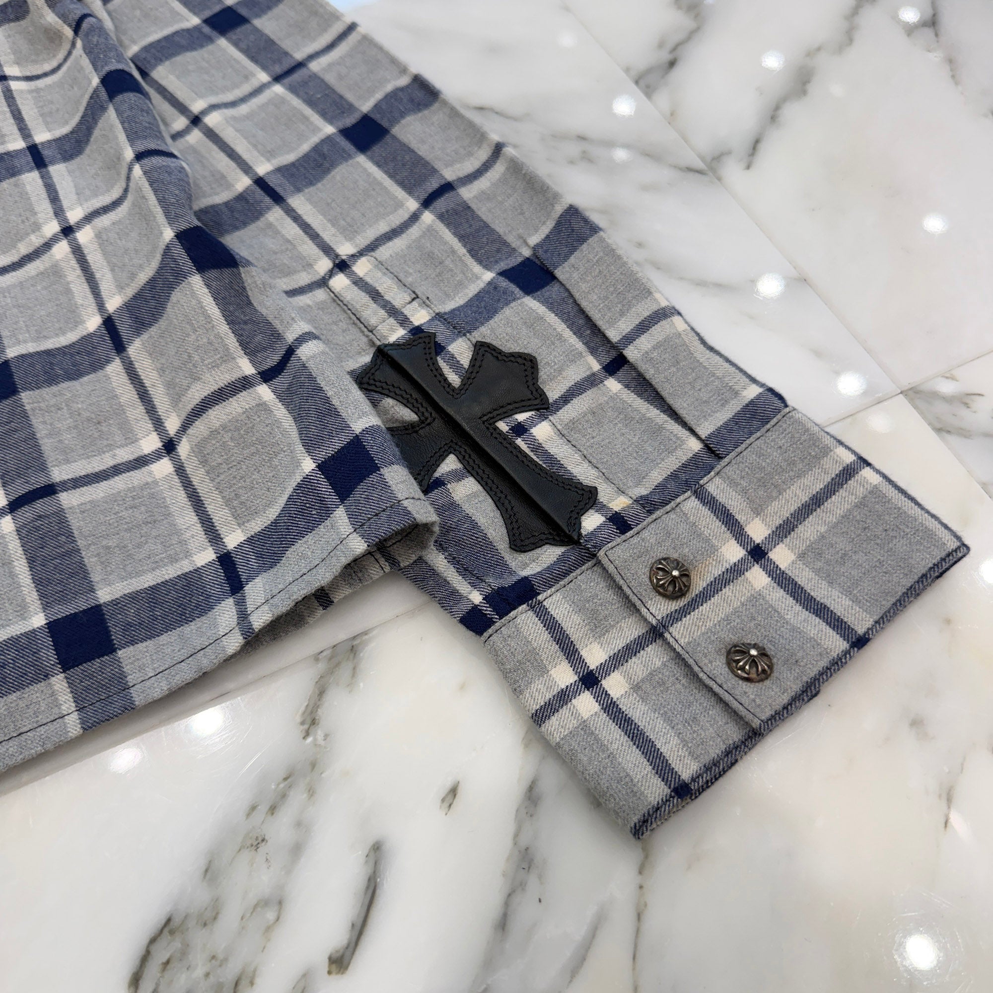 CHROME HEARTS Y NOT Leather Cross Patch Flannel Check Shirt Size L クロムハーツ ワイノット レザークロスパッチ フランネルチェックシャツ サイズL