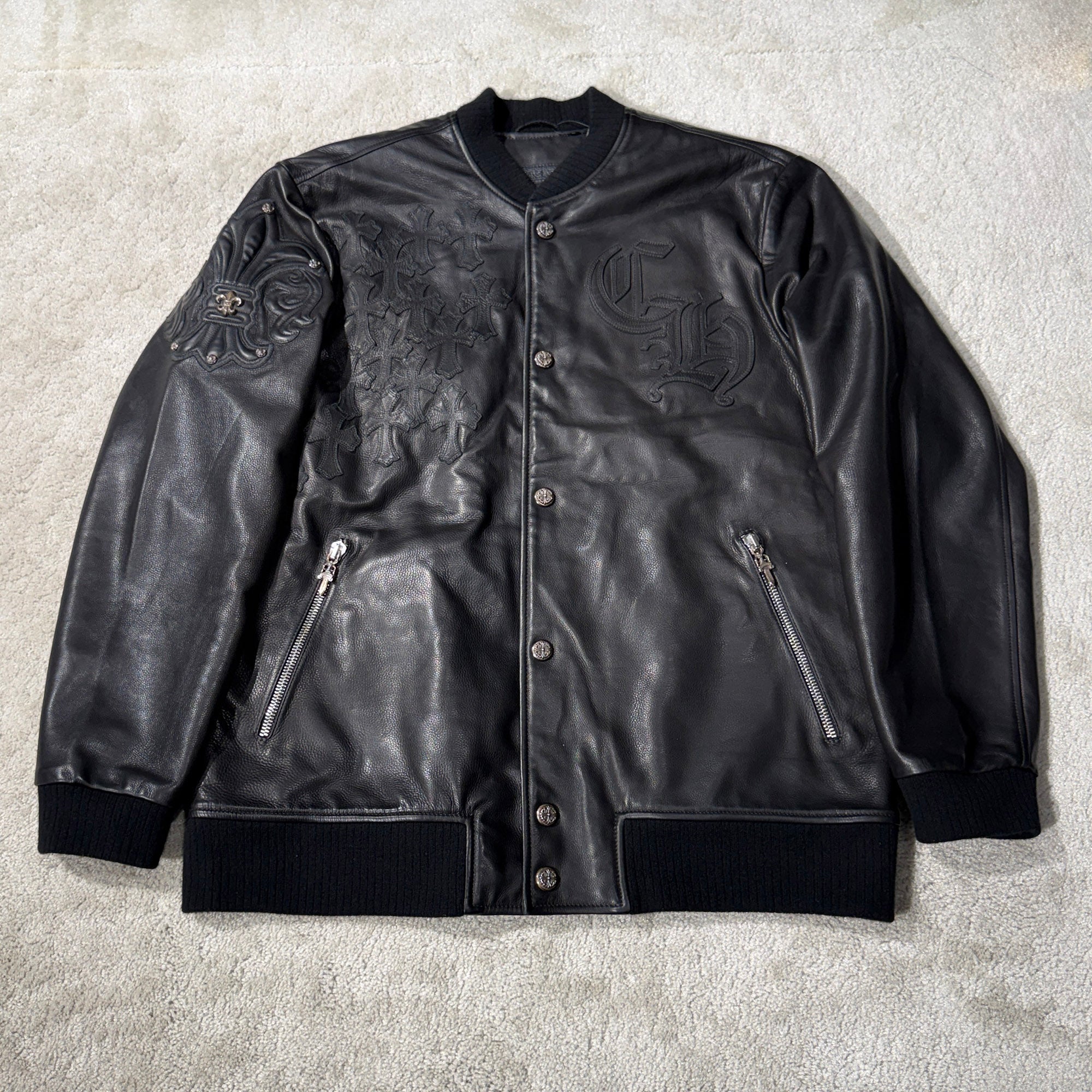 CHROME HEARTS LETTERMAN Cemetery Cross Patch Leather Blouson Jacket Size XL クロムハーツ レターマン セメタリークロスパッチ レザーブルゾンジャケット サイズXL