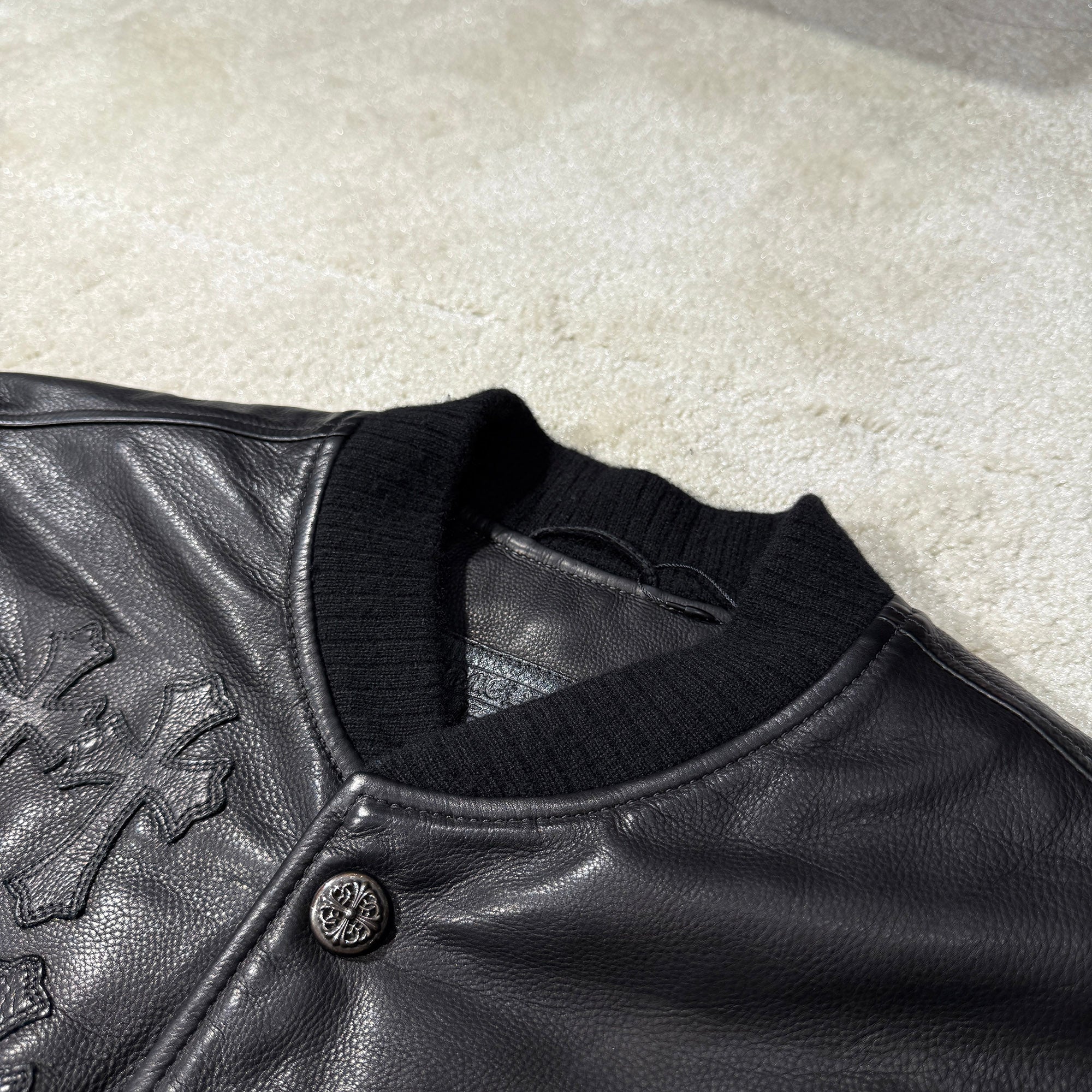 CHROME HEARTS LETTERMAN Cemetery Cross Patch Leather Blouson Jacket Size XL クロムハーツ レターマン セメタリークロスパッチ レザーブルゾンジャケット サイズXL