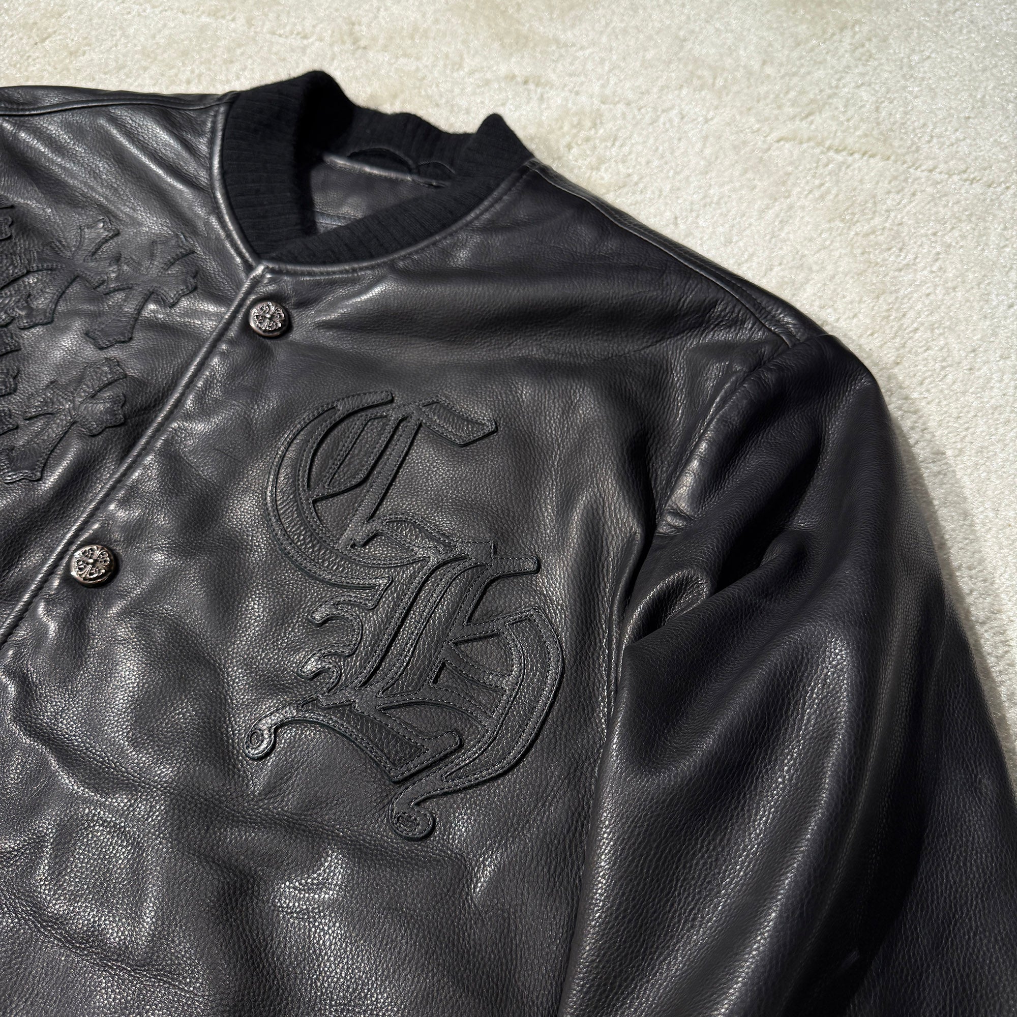 CHROME HEARTS LETTERMAN Cemetery Cross Patch Leather Blouson Jacket Size XL クロムハーツ レターマン セメタリークロスパッチ レザーブルゾンジャケット サイズXL