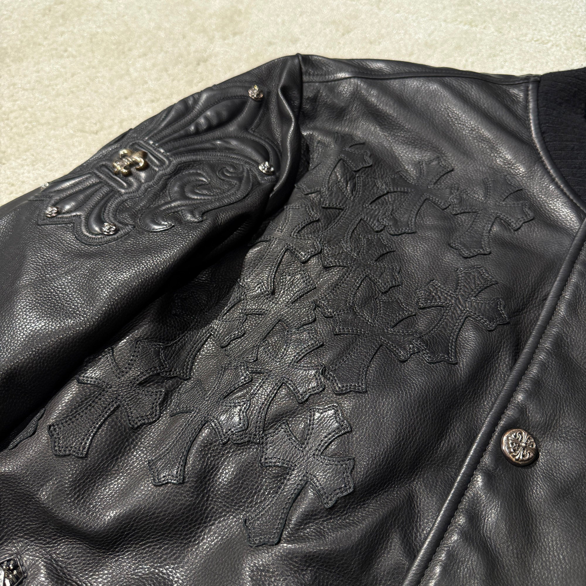 CHROME HEARTS LETTERMAN Cemetery Cross Patch Leather Blouson Jacket Size XL クロムハーツ レターマン セメタリークロスパッチ レザーブルゾンジャケット サイズXL