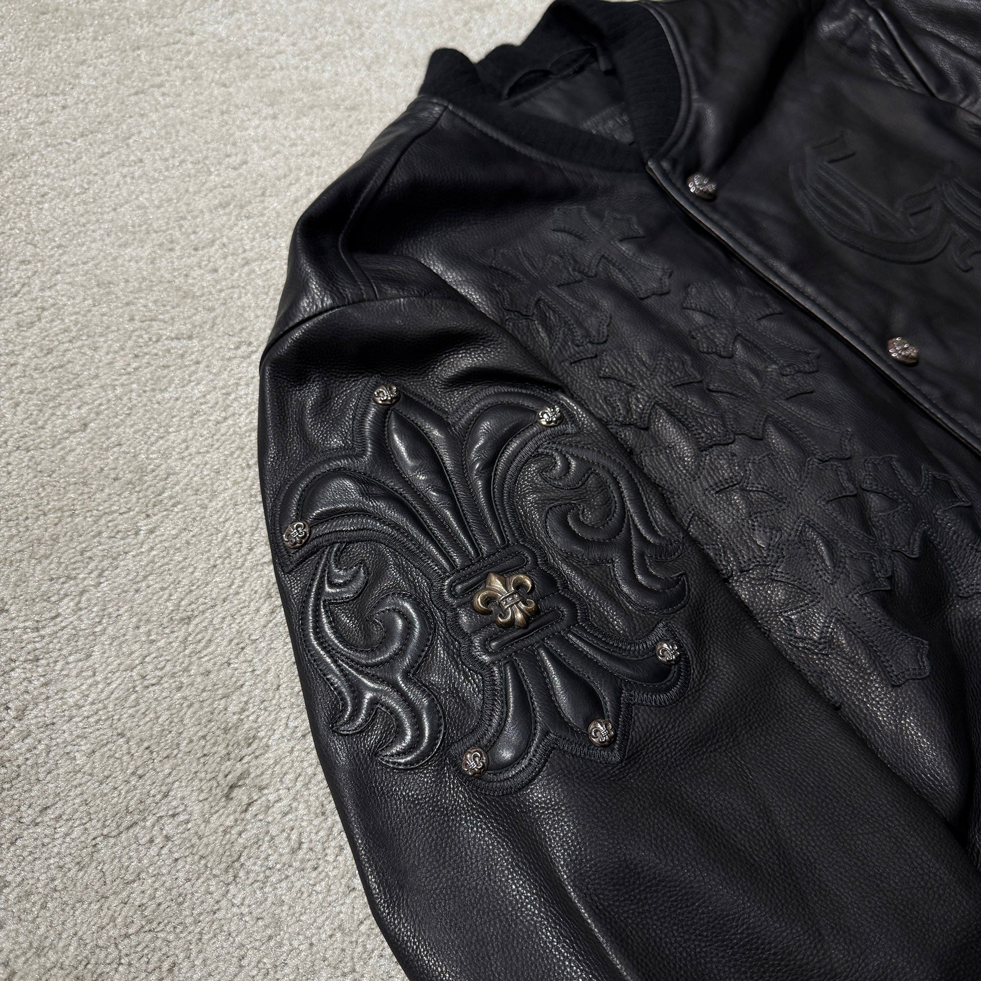 CHROME HEARTS LETTERMAN Cemetery Cross Patch Leather Blouson Jacket Size XL クロムハーツ レターマン セメタリークロスパッチ レザーブルゾンジャケット サイズXL
