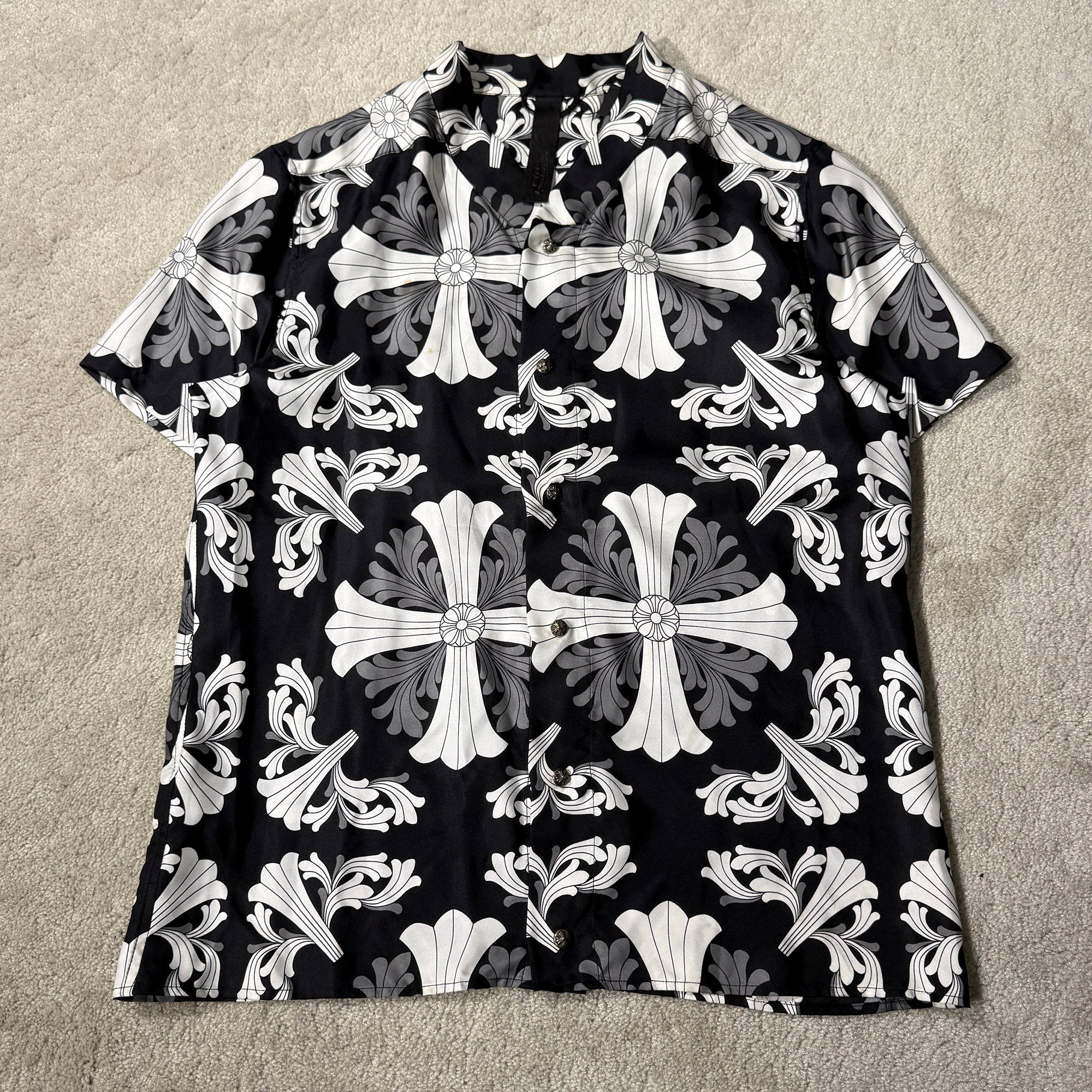 CHROME HEARTS Y NOT Floral Plus Cross Short Sleeve Silk Shirt Size L クロムハーツ ワイノット フロラールプラスクロス ショートスリーブ シルクシャツ サイズL