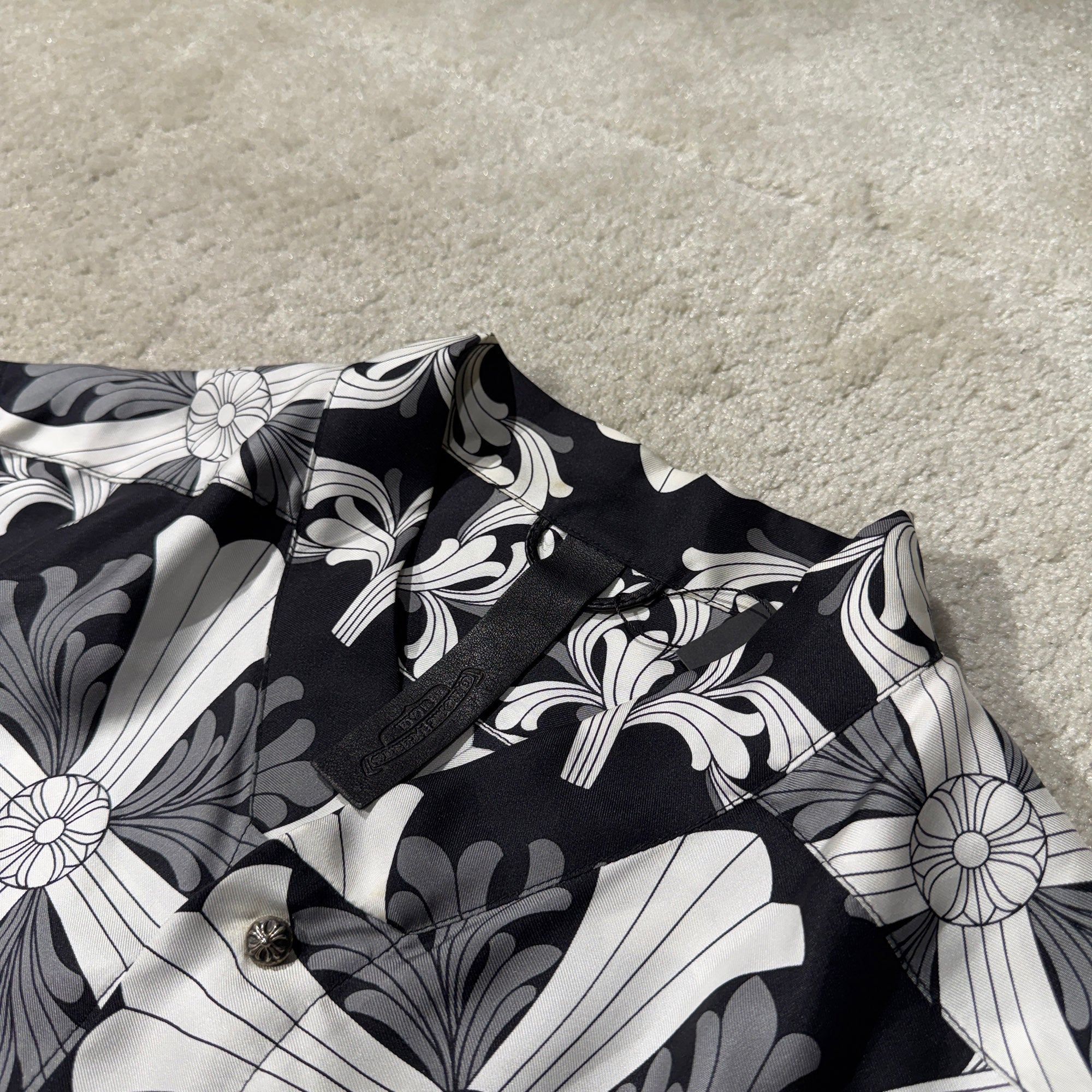 CHROME HEARTS Y NOT Floral Plus Cross Short Sleeve Silk Shirt Size L クロムハーツ ワイノット フロラールプラスクロス ショートスリーブ シルクシャツ サイズL