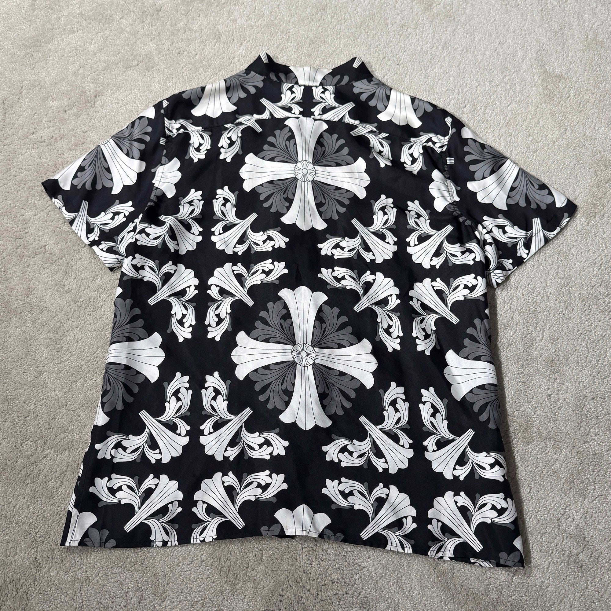 CHROME HEARTS Y NOT Floral Plus Cross Short Sleeve Silk Shirt Size L クロムハーツ ワイノット フロラールプラスクロス ショートスリーブ シルクシャツ サイズL