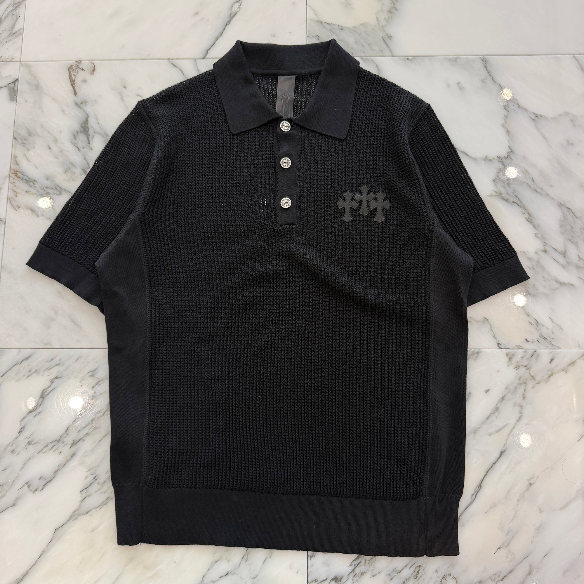 CHROME HEARTS Y NOT 3 Cross Leather Patch Mesh Polo Shirt Size S クロムハーツ ワイノット 3 クロスレザーパッチ メッシュポロシャツ サイズS