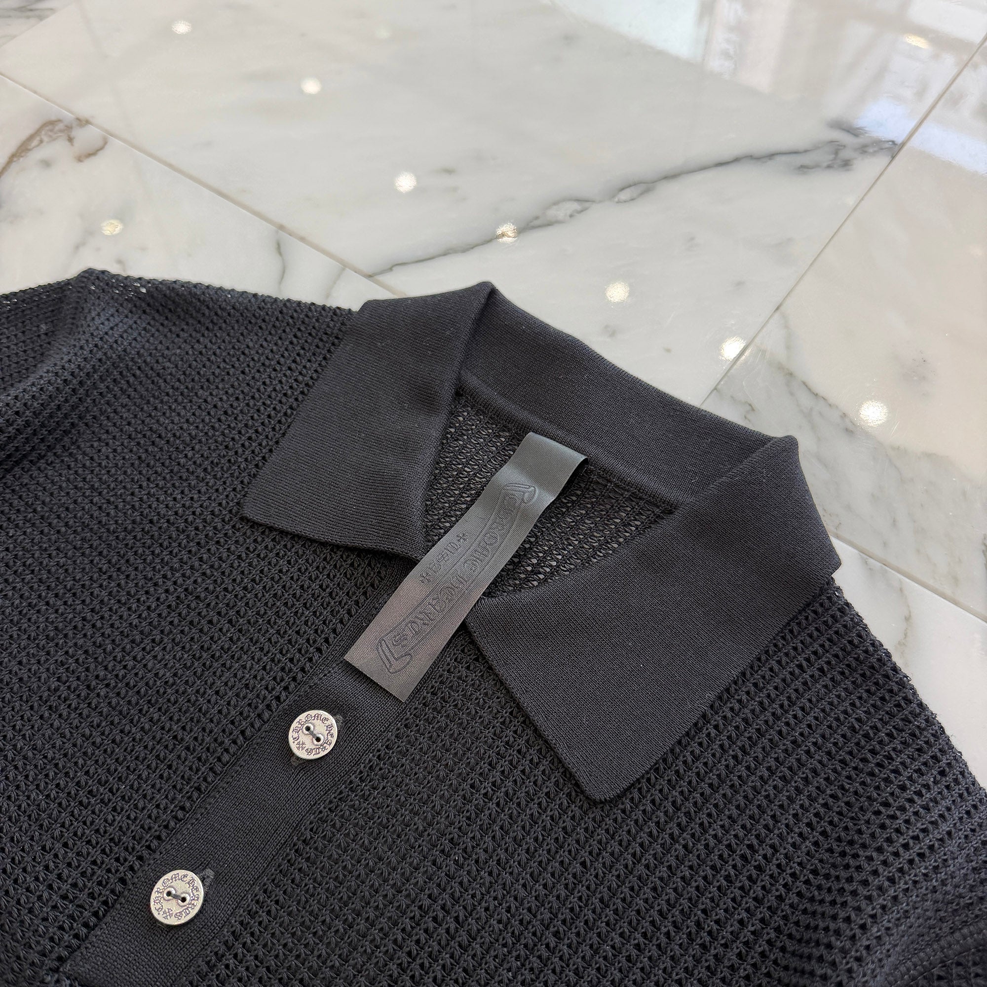 CHROME HEARTS Y NOT 3 Cross Leather Patch Mesh Polo Shirt Size S クロムハーツ ワイノット 3 クロスレザーパッチ メッシュポロシャツ サイズS