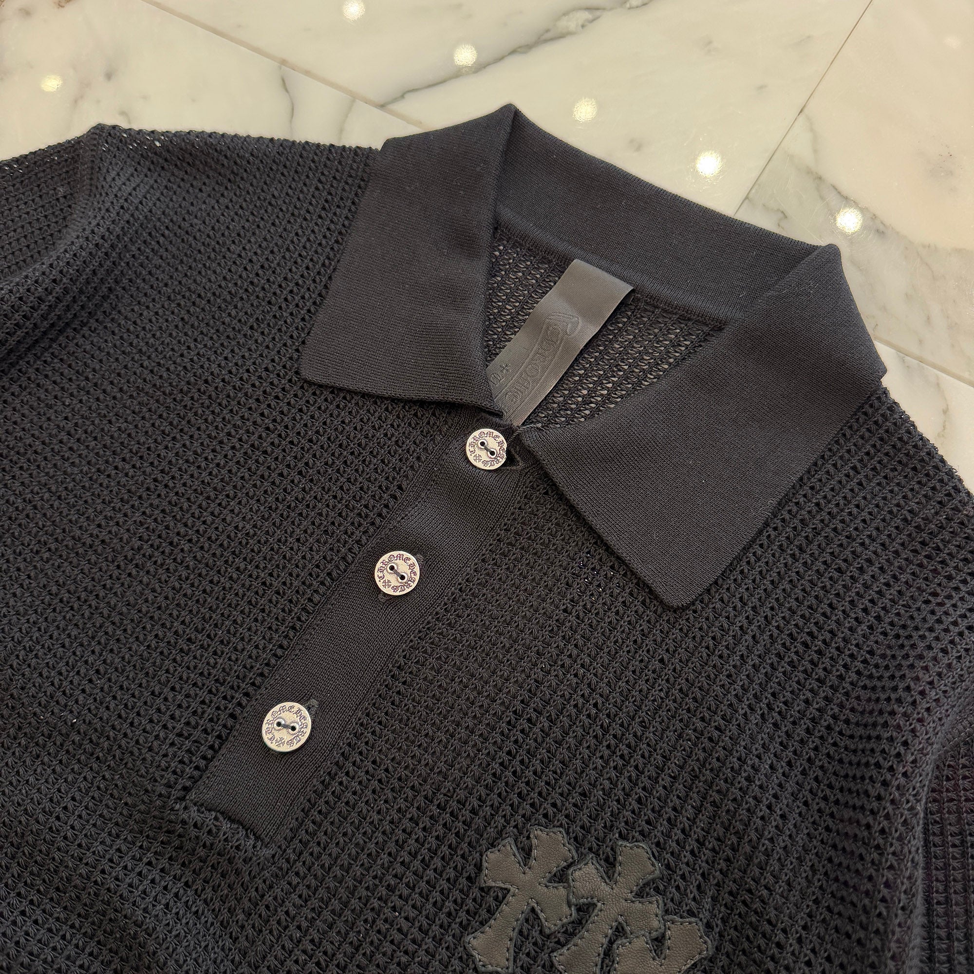 CHROME HEARTS Y NOT 3 Cross Leather Patch Mesh Polo Shirt Size S クロムハーツ ワイノット 3 クロスレザーパッチ メッシュポロシャツ サイズS