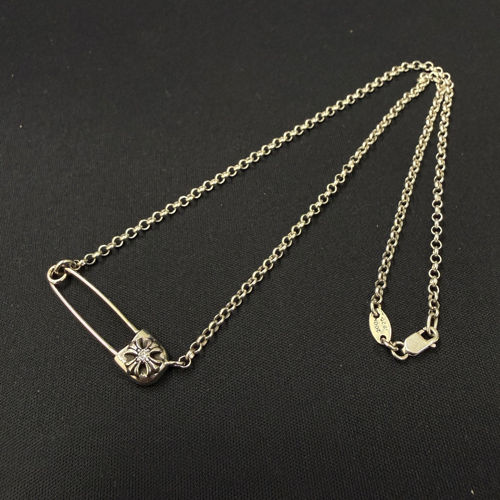 CHROME HEARTS Safety Pin Pendant Top 1 Diamond Roll Chain Necklace Size 16 Inch クロムハーツ セーフティピン 1ダイヤモンド ペンダントトップ ロールチェーン ネックレス サイズ16インチ