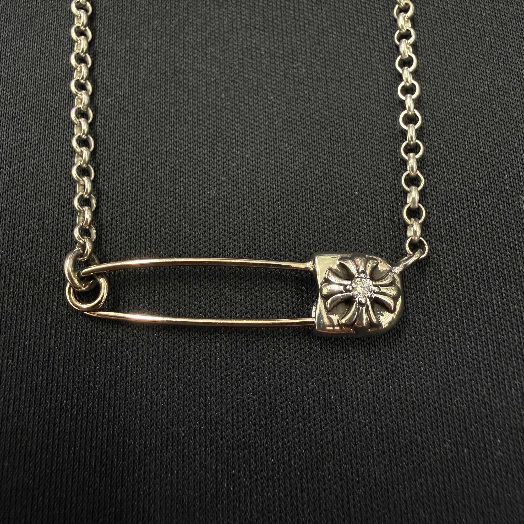 CHROME HEARTS Safety Pin Pendant Top 1 Diamond Roll Chain Necklace Size 16 Inch クロムハーツ セーフティピン 1ダイヤモンド ペンダントトップ ロールチェーン ネックレス サイズ16インチ