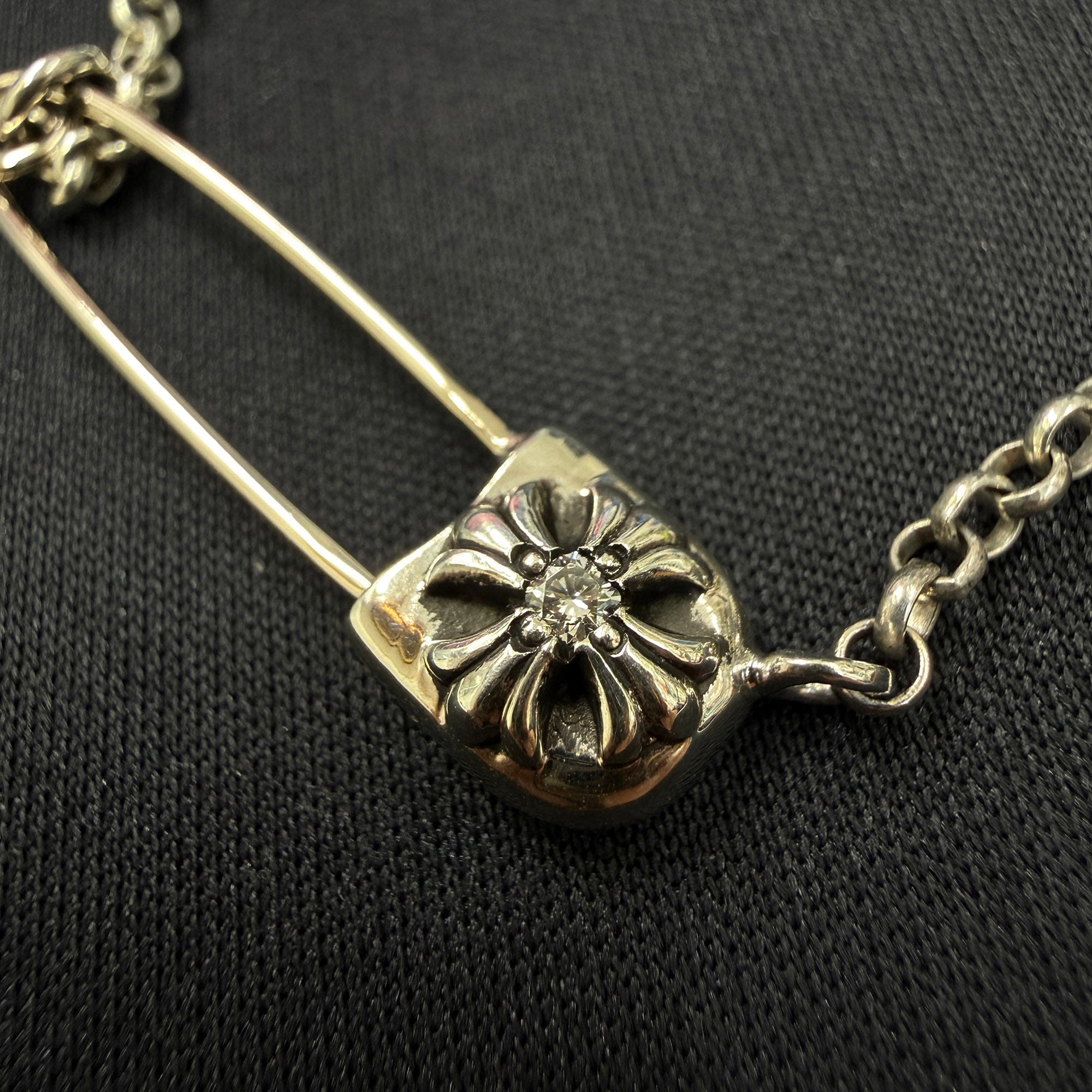 CHROME HEARTS Safety Pin Pendant Top 1 Diamond Roll Chain Necklace Size 16 Inch クロムハーツ セーフティピン 1ダイヤモンド ペンダントトップ ロールチェーン ネックレス サイズ16インチ