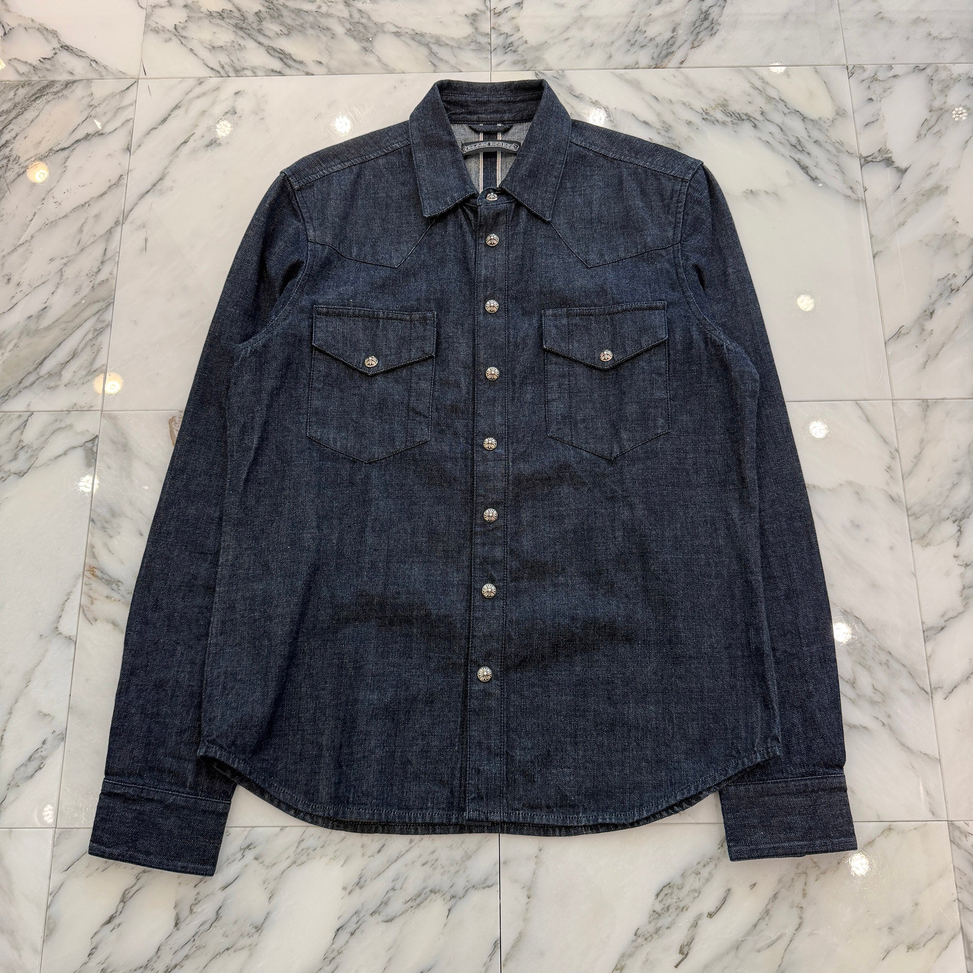 CHROME HEARTS Leather Cross Patch Western Denim Shirt Size M クロムハーツ オールド レザー クロスパッチ ウェスタン デニムシャツ サイズM