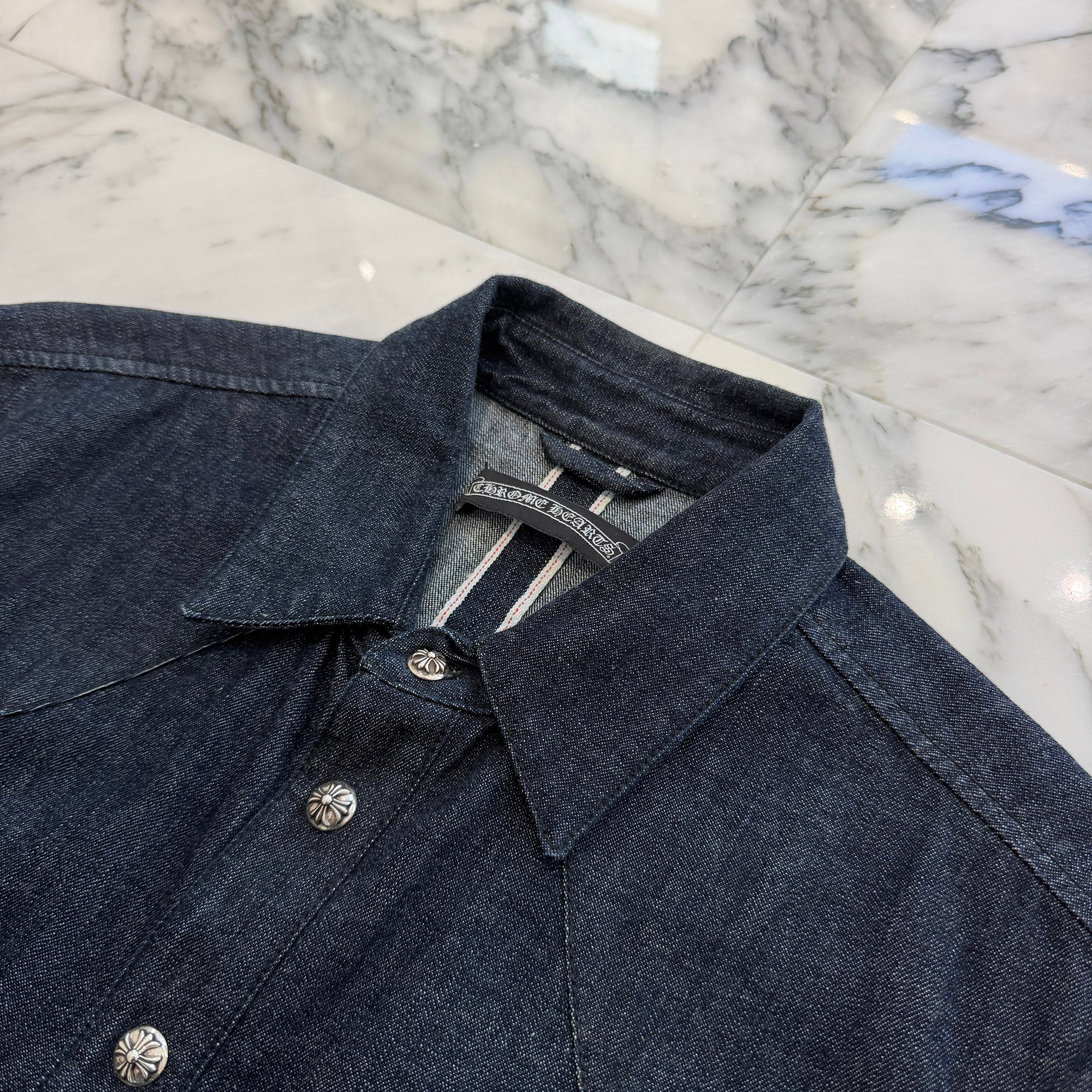 CHROME HEARTS Leather Cross Patch Western Denim Shirt Size M クロムハーツ オールド レザー クロスパッチ ウェスタン デニムシャツ サイズM
