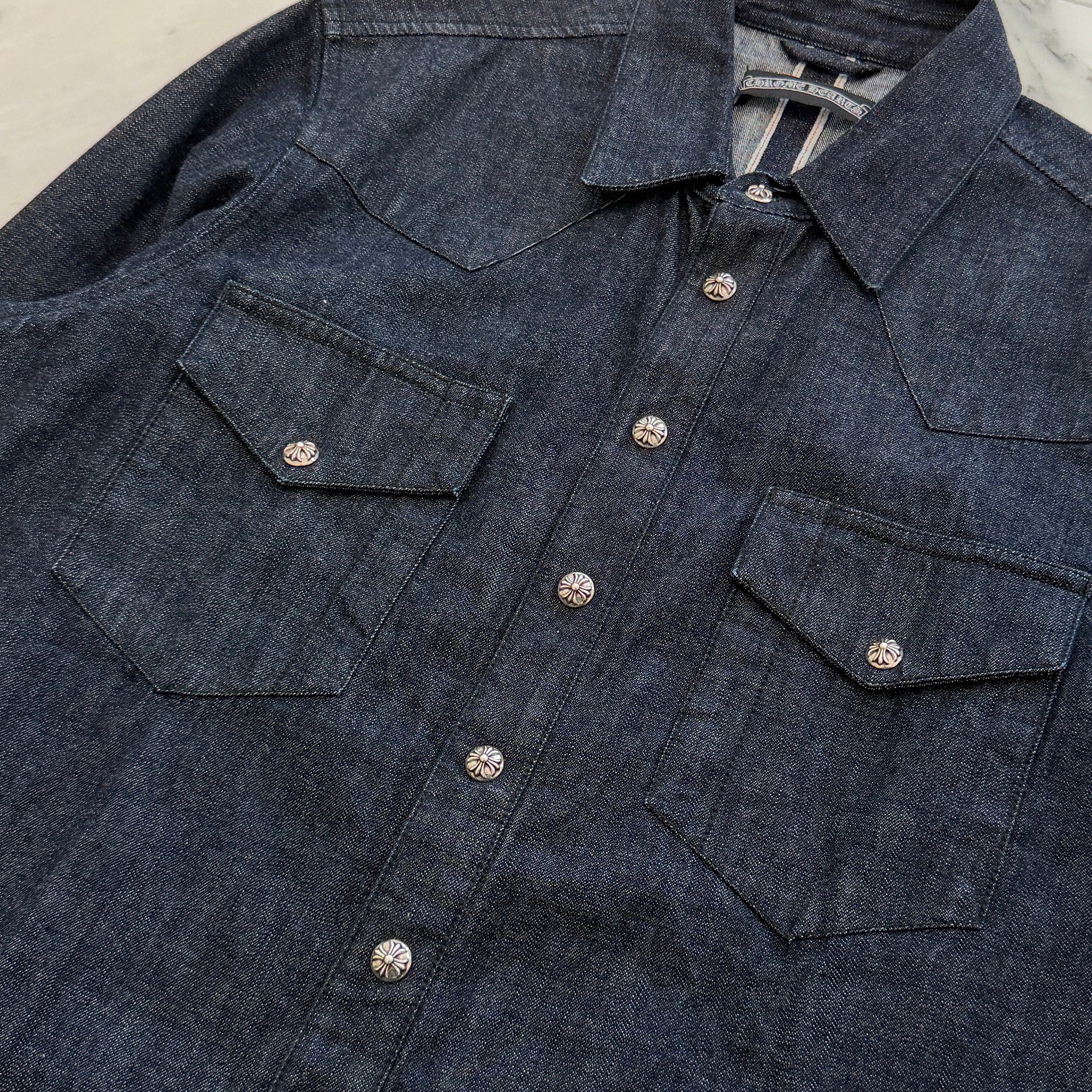 CHROME HEARTS Leather Cross Patch Western Denim Shirt Size M クロムハーツ オールド レザー クロスパッチ ウェスタン デニムシャツ サイズM
