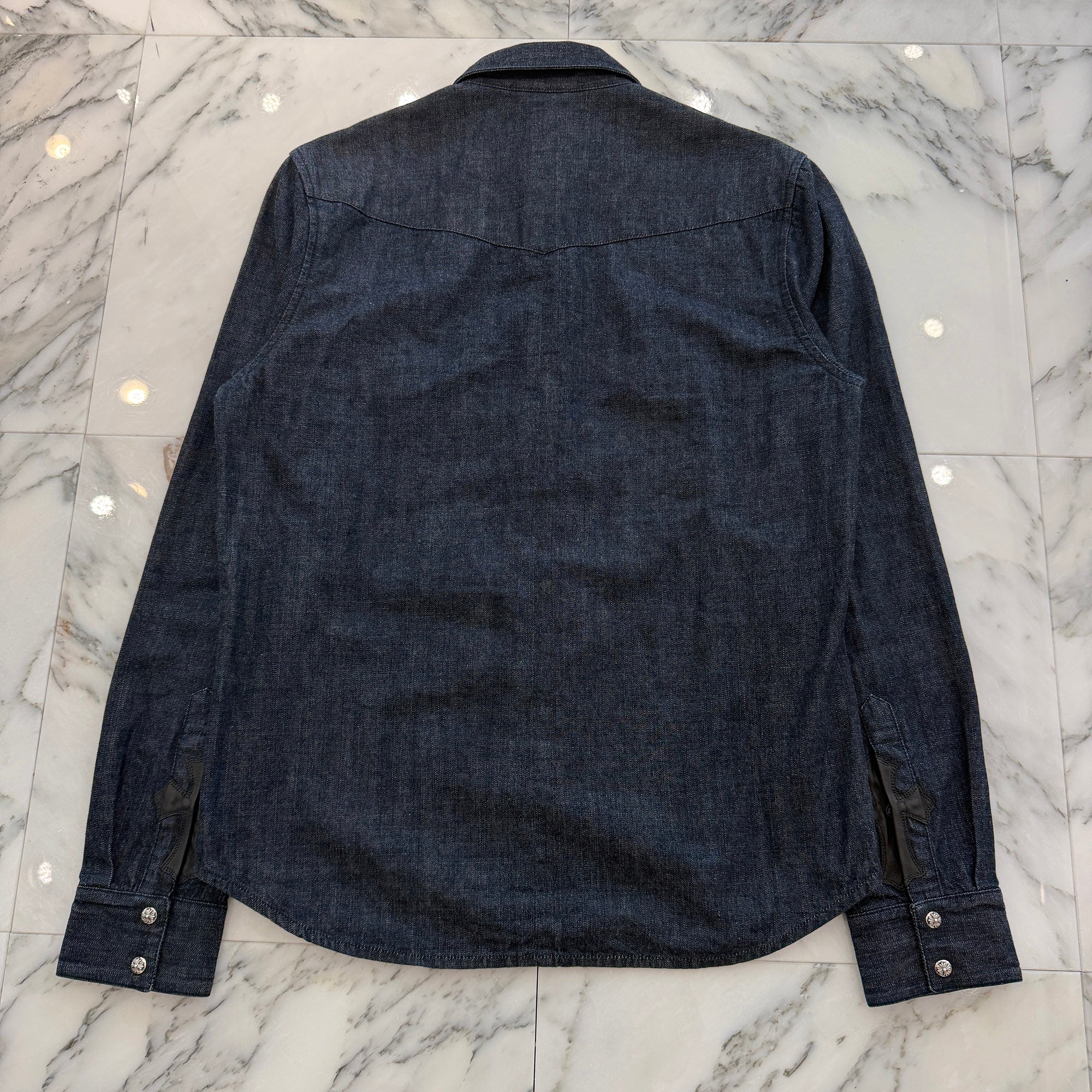CHROME HEARTS Leather Cross Patch Western Denim Shirt Size M クロムハーツ オールド レザー クロスパッチ ウェスタン デニムシャツ サイズM